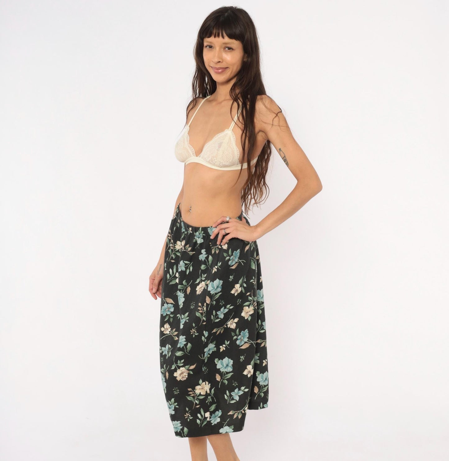 80s Blair Floral Midi Skirt Black Botanical Print Sage Green Medium