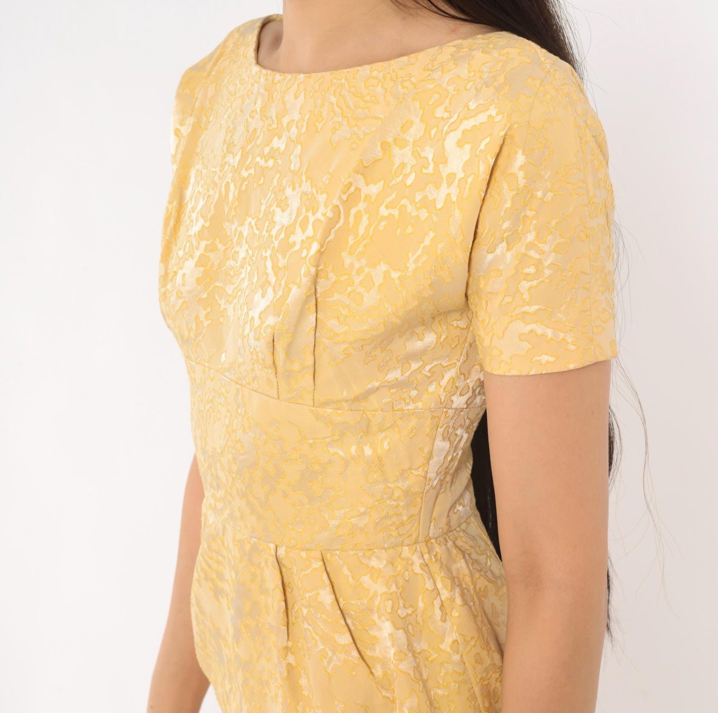 60s Gold Jacquard Sheath Dress Boat Neck Brocade Pencil Skirt Extra Small XS