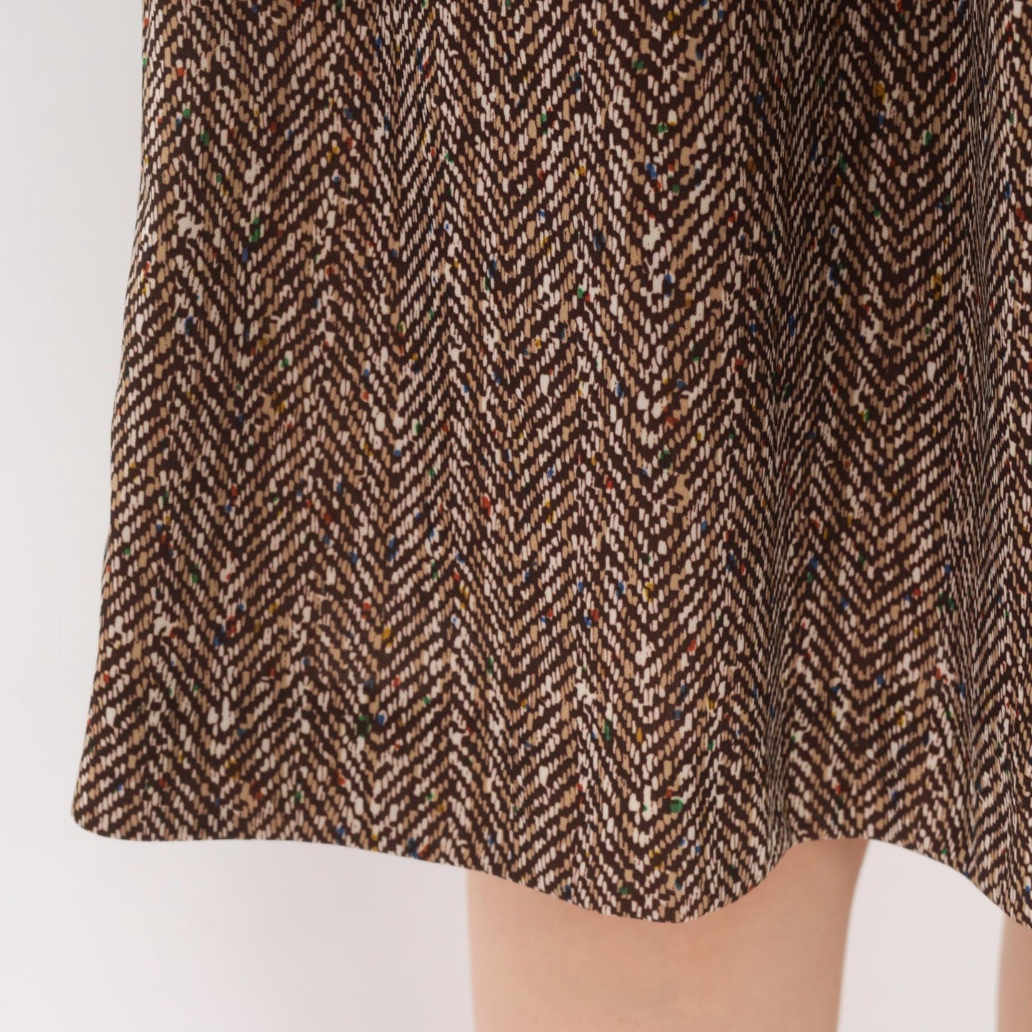 70s Brown Herringbone A-Line Dress Puff Sleeve Turtleneck Extra Small XS