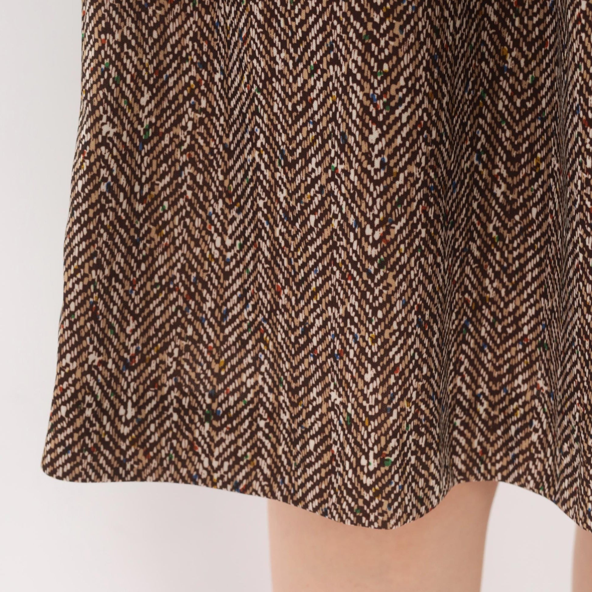 70s Brown Herringbone A-Line Dress Puff Sleeve Turtleneck Extra Small XS