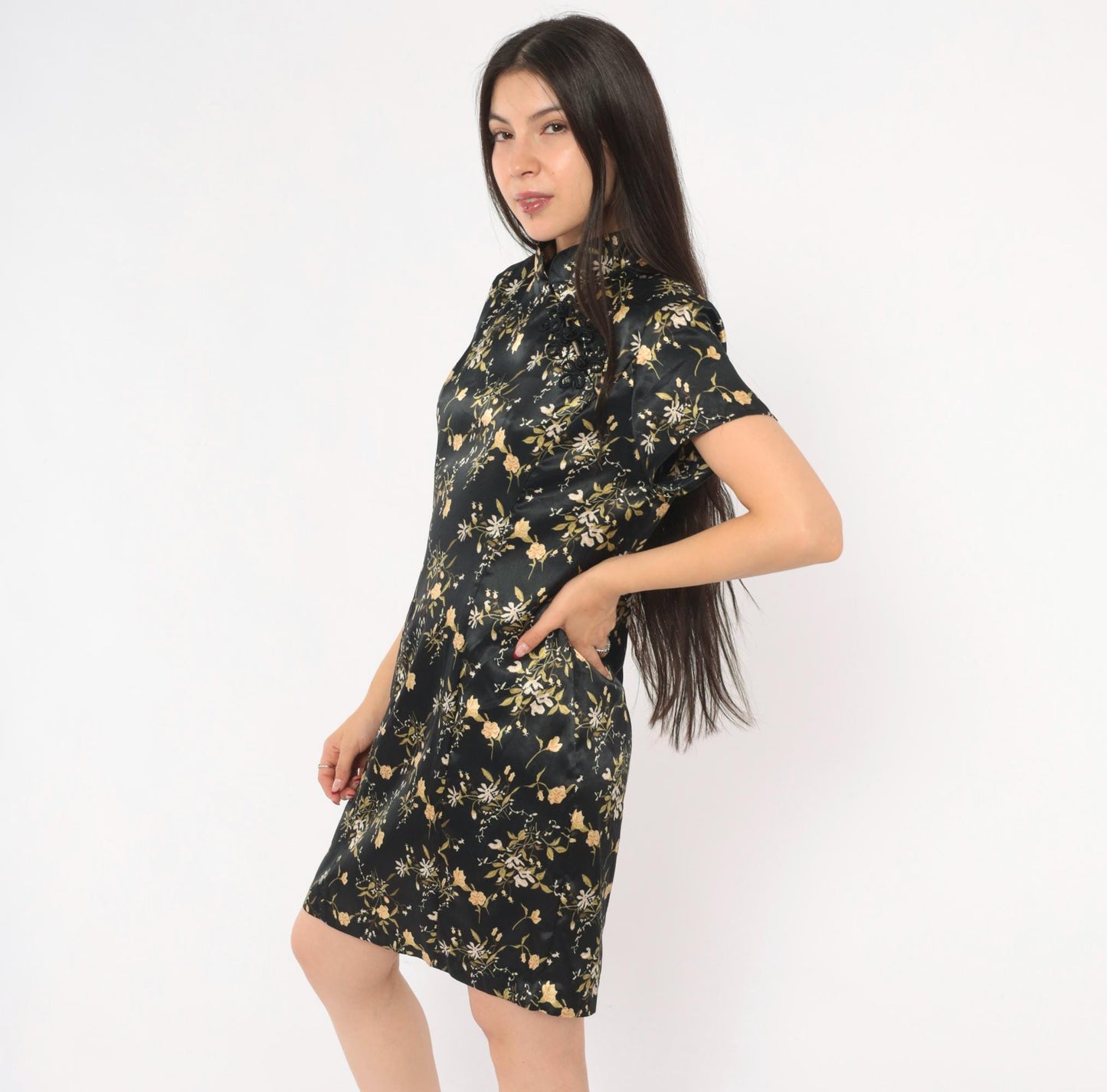 90s Dby Cheongsam Dress Black Gold Floral Brocade Mandarin Collar Mini Medium M