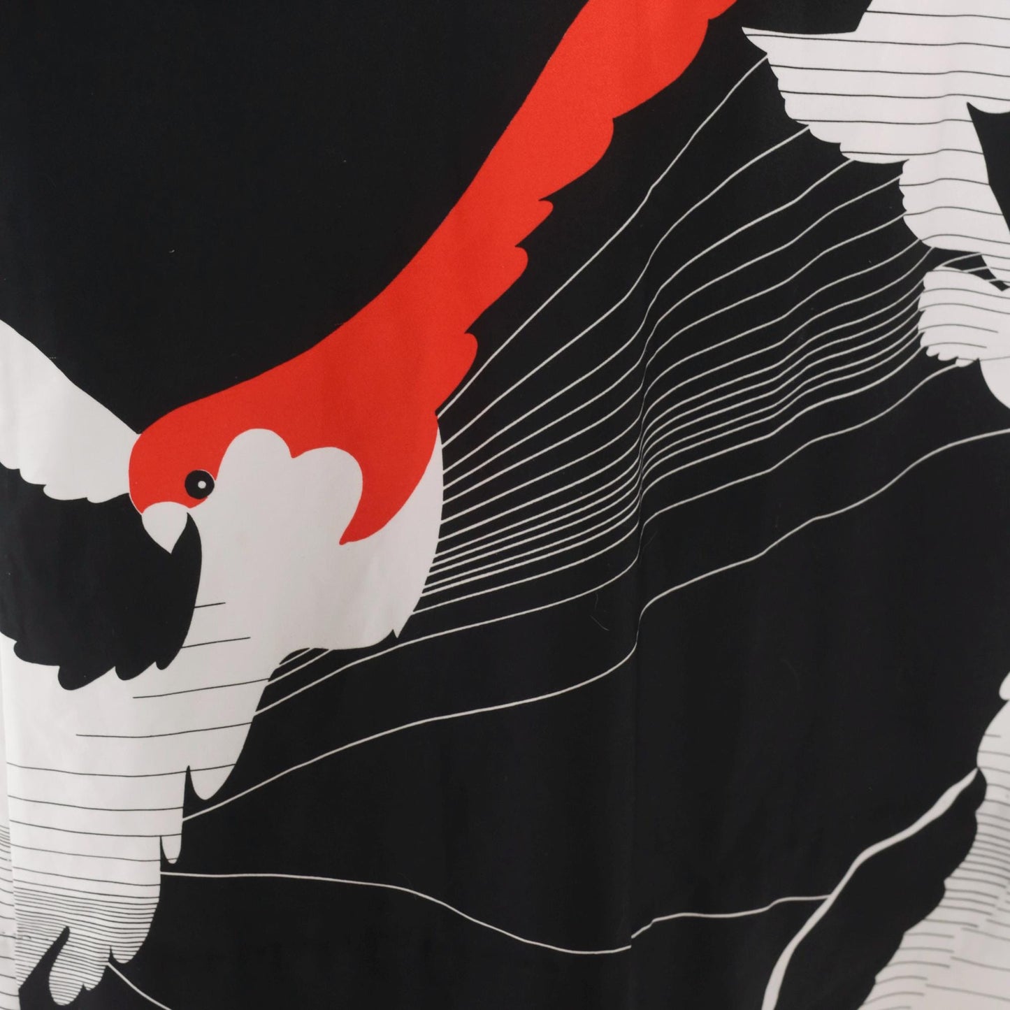 70s Tori Richard Crane Print Maxi Dress Black White Red Mandarin Collar Medium M