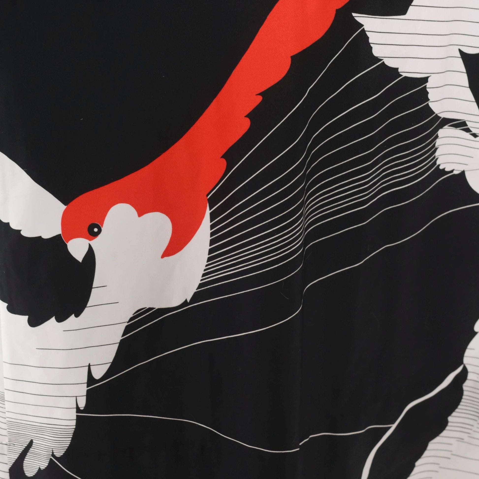 70s Tori Richard Crane Print Maxi Dress Black White Red Mandarin Collar Medium M