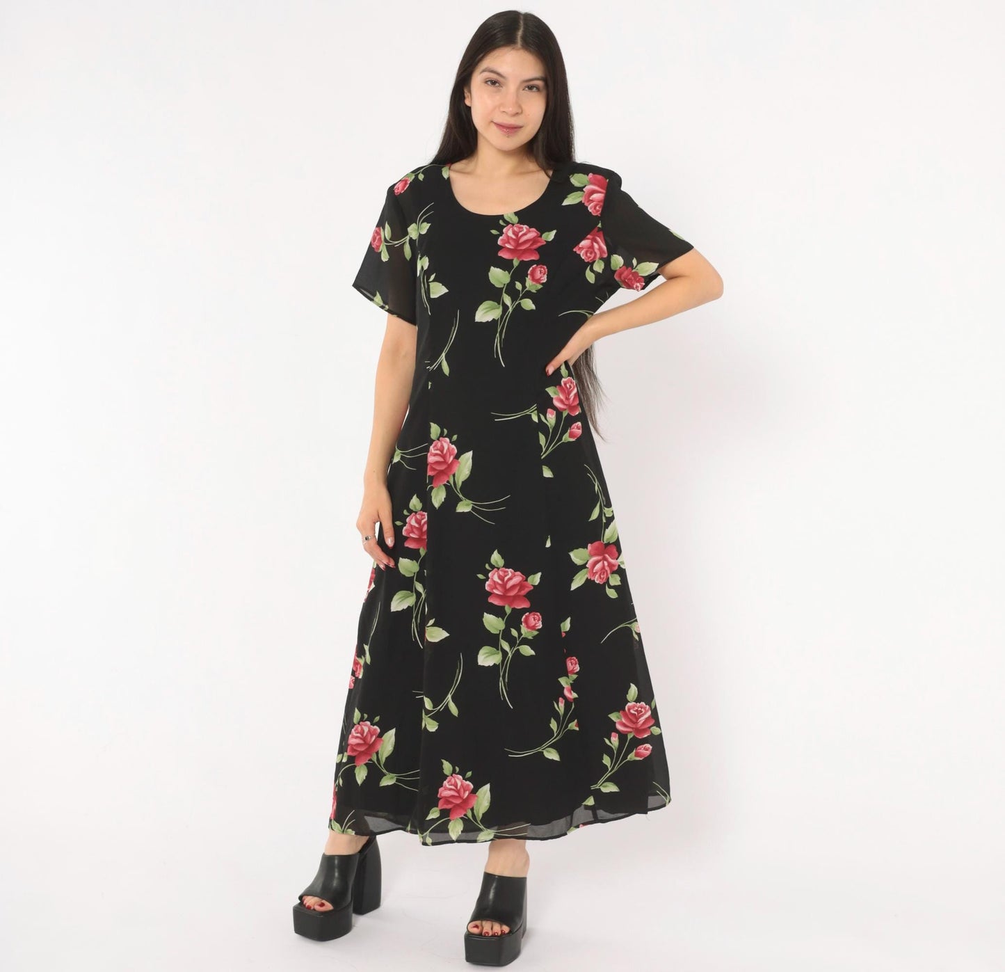 90s Black Rose Maxi Dress Floral Chiffon Scoop Neck A-Line Medium M