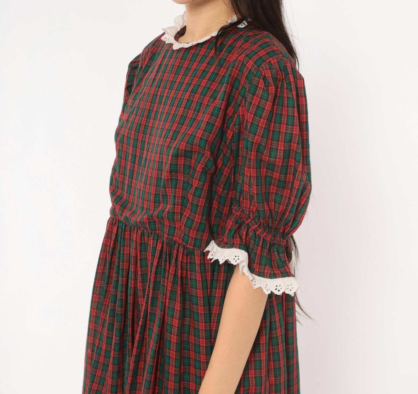 90s Red Green Tartan Maxi Dress Puff Sleeve Eyelet Lace Cotton Large L