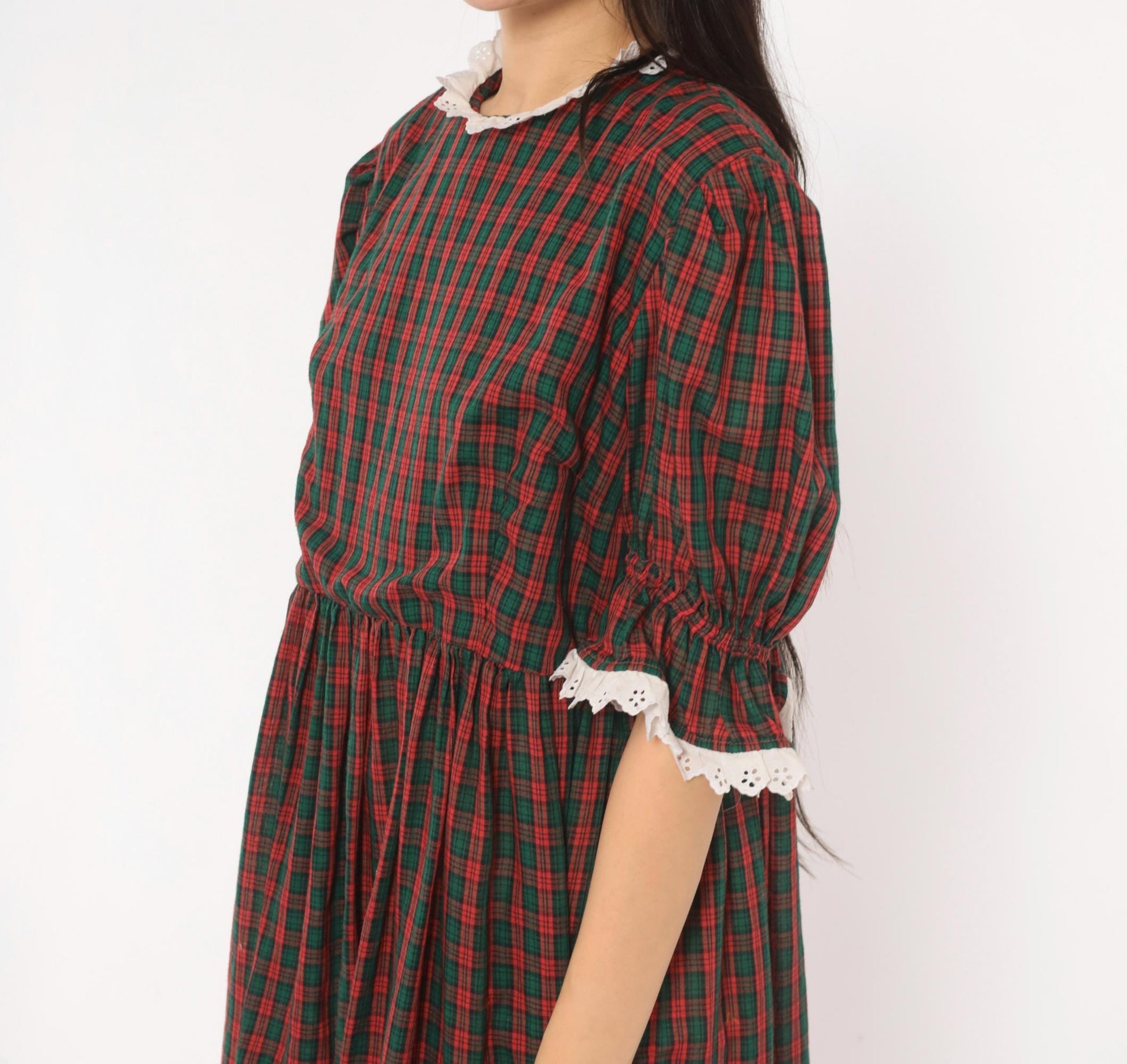 90s Red Green Tartan Maxi Dress Puff Sleeve Eyelet Lace Cotton Large L