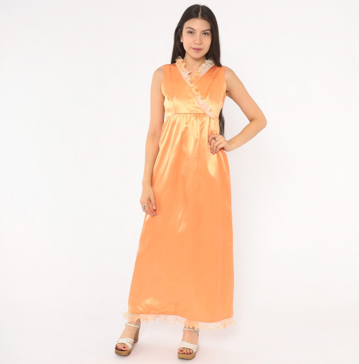 70s Peach Satin Nightgown Surplice V Neck Ruffle Lace Maxi Slip Extra Small XS