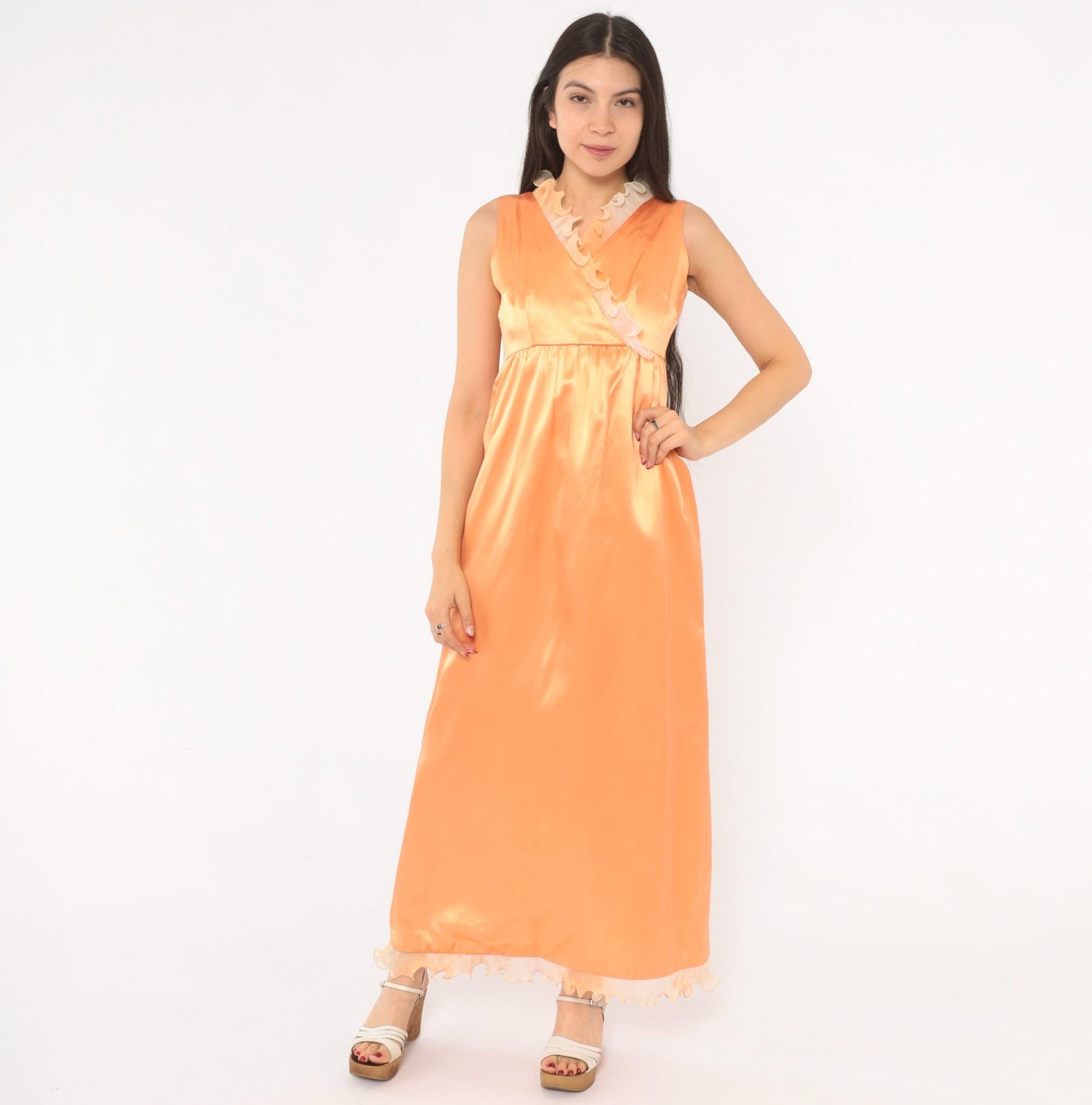 70s Peach Satin Nightgown Surplice V Neck Ruffle Lace Maxi Slip Extra Small XS