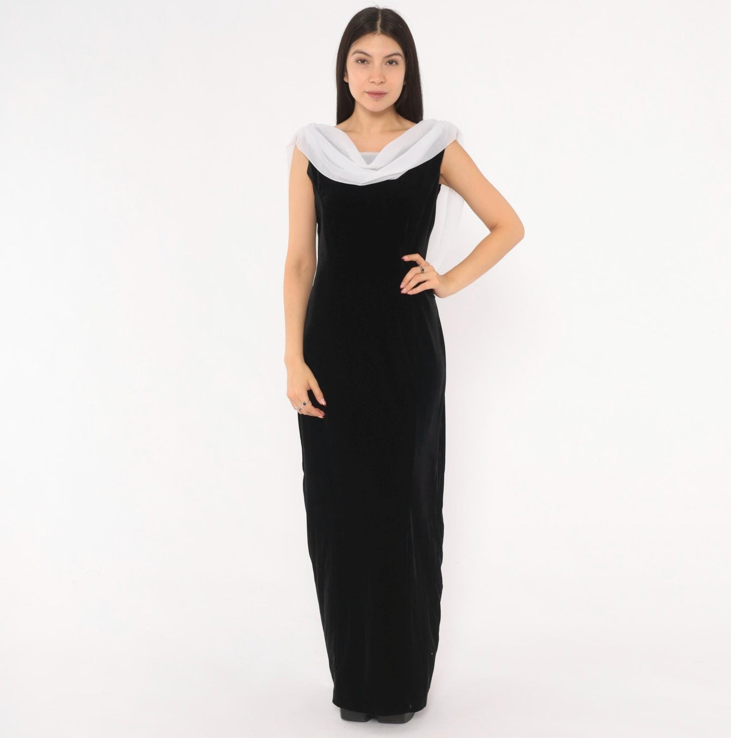 90s Night Way Black Velvet Column Gown White Chiffon Cowl Open Back Floor Length Large L