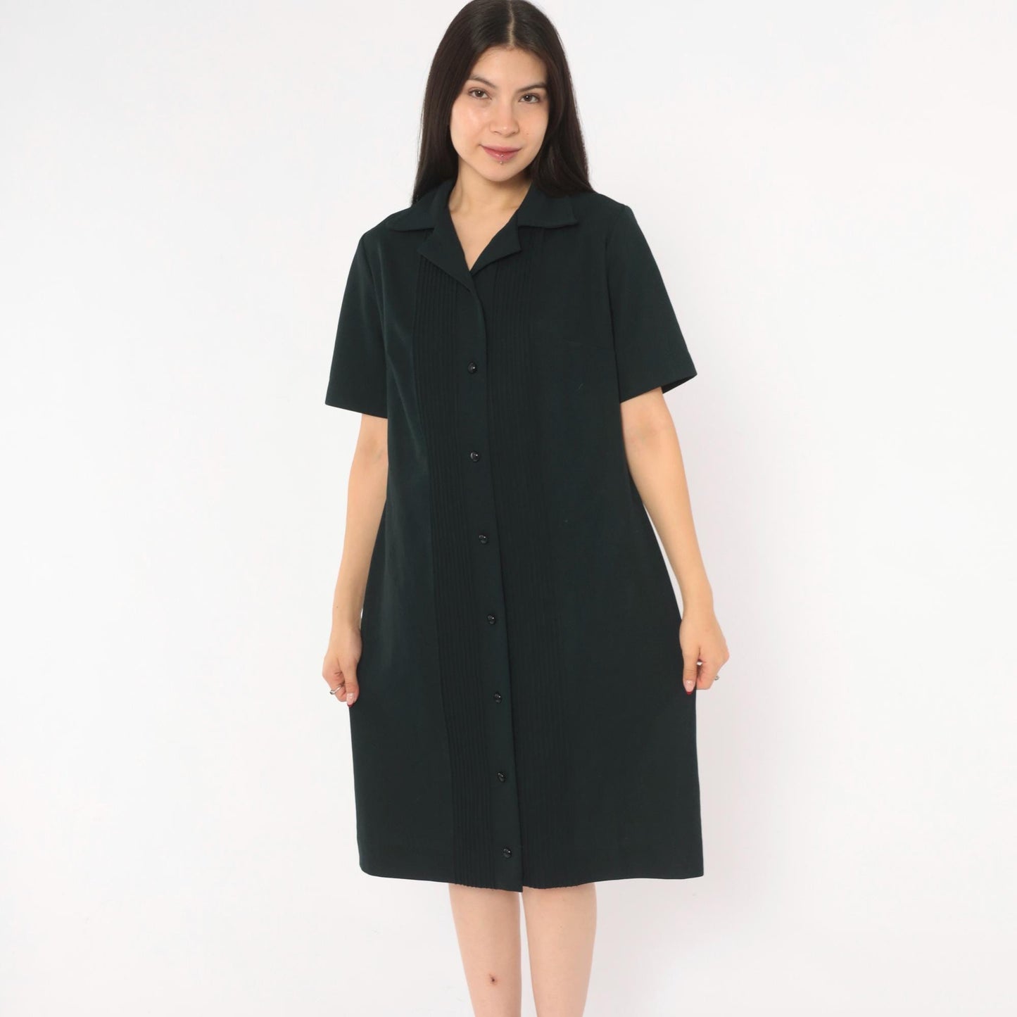 70s Black Pintuck Shirtdress Button Front Notched Collar Knee Length Large L