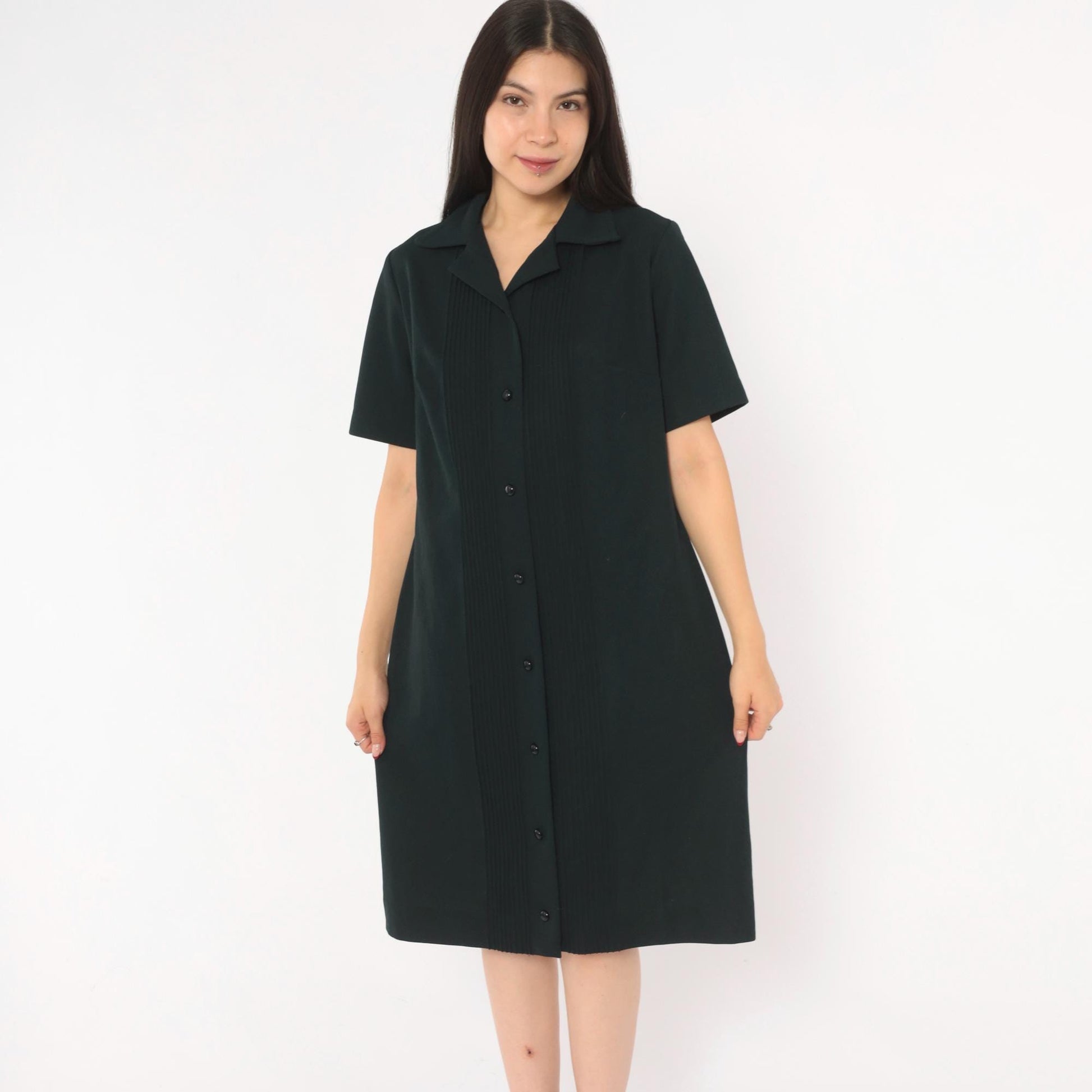 70s Black Pintuck Shirtdress Button Front Notched Collar Knee Length Large L