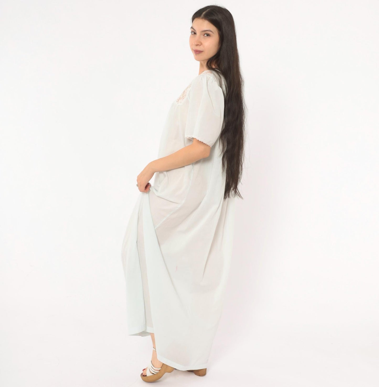 80s Barbizon Pale Blue Maxi Nightgown Lace Yoke Embroidered Puff Sleeve Large L