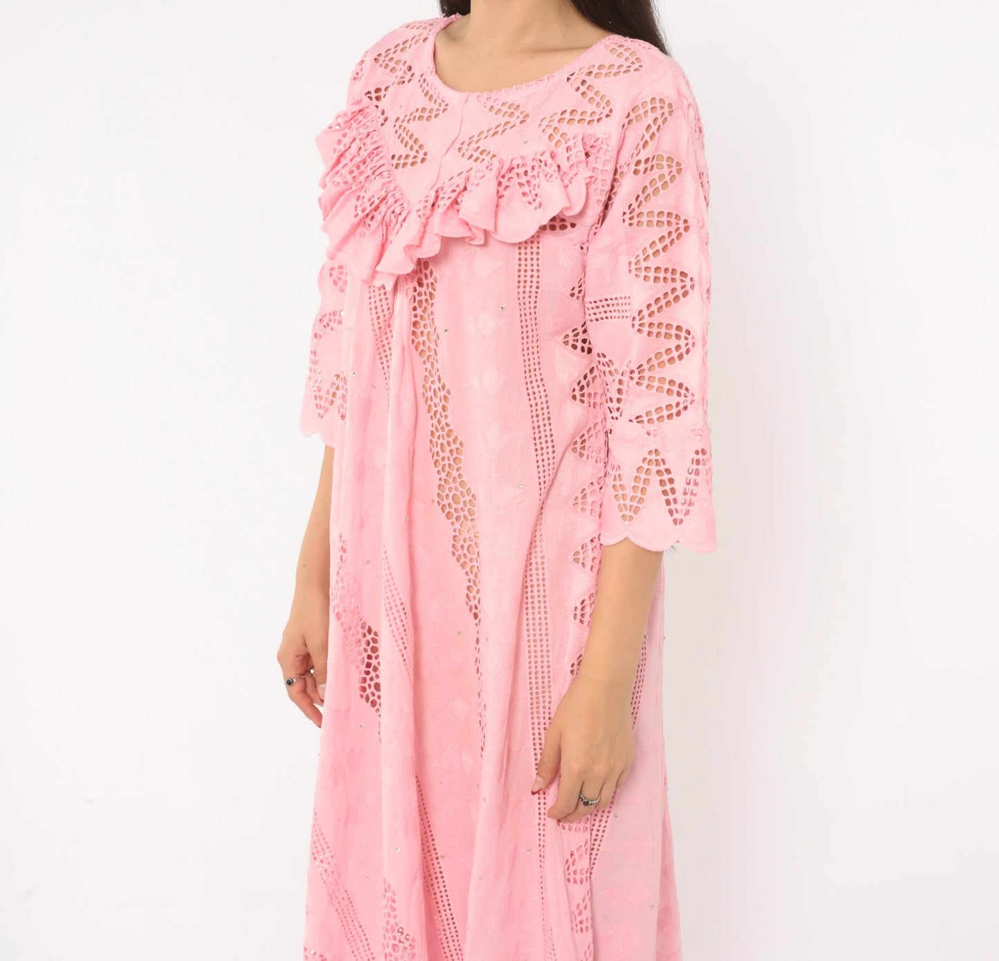 80s Pink Eyelet Lace Maxi Dress Cutwork Embroidered Puff Sleeve Medium M