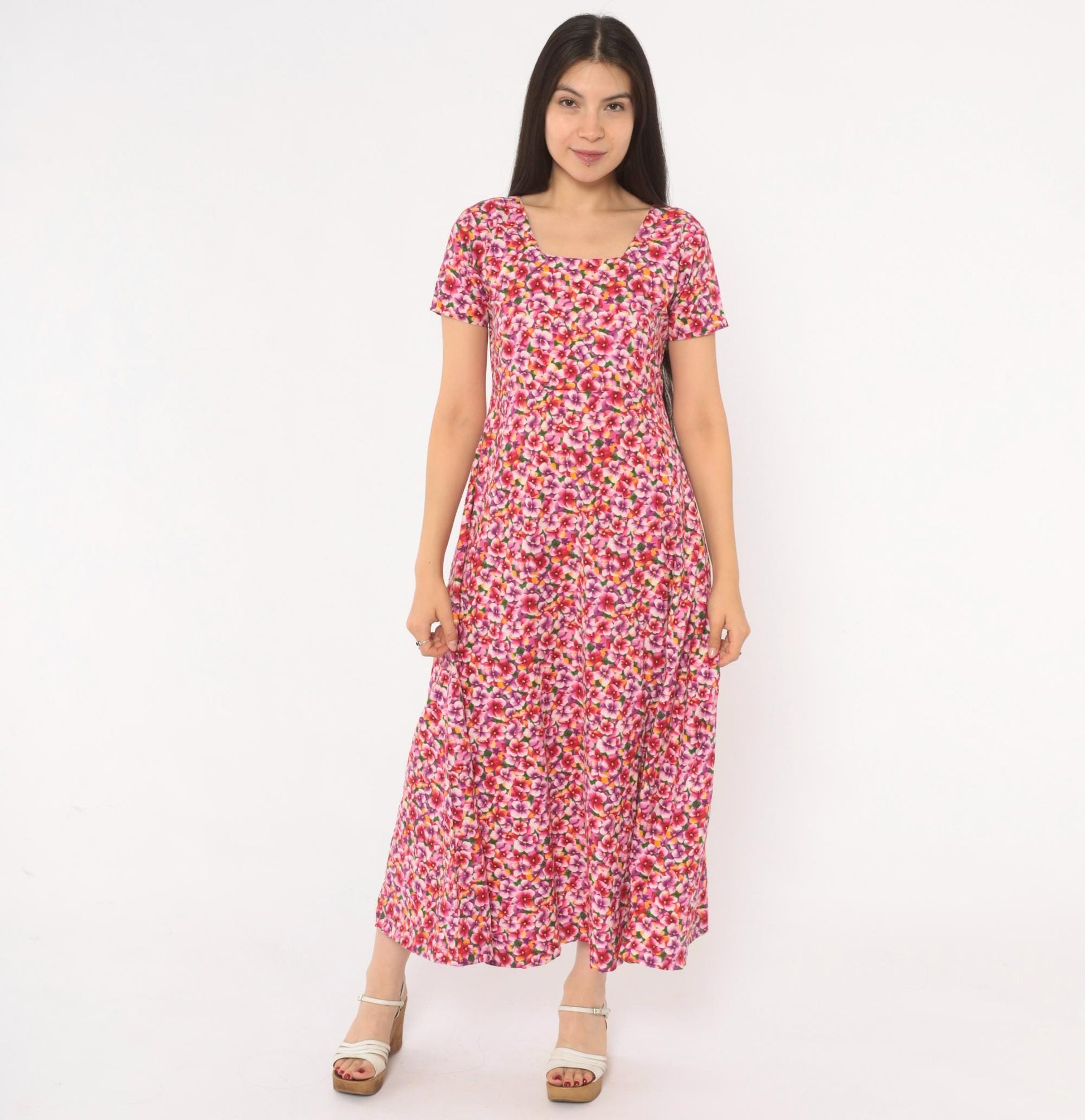 90s Pink Purple Floral Maxi Dress Cotton Scoop Neck A-Line Small