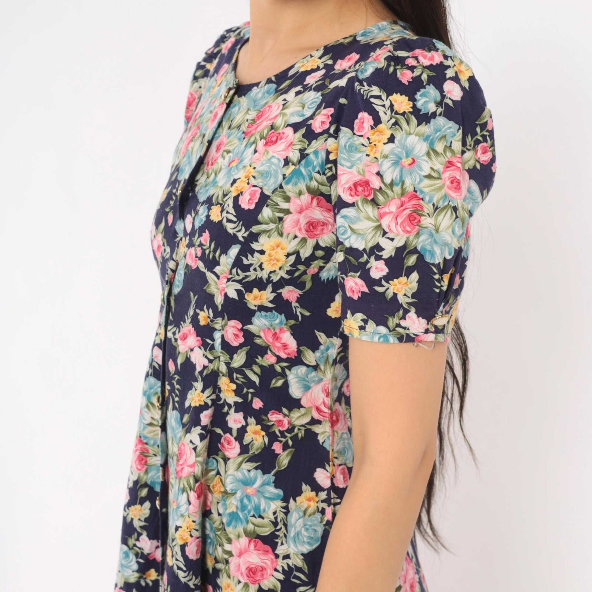 90s Sweet Soda Floral Mini Dress Navy Puff Sleeve Lace-Up Cotton XXS