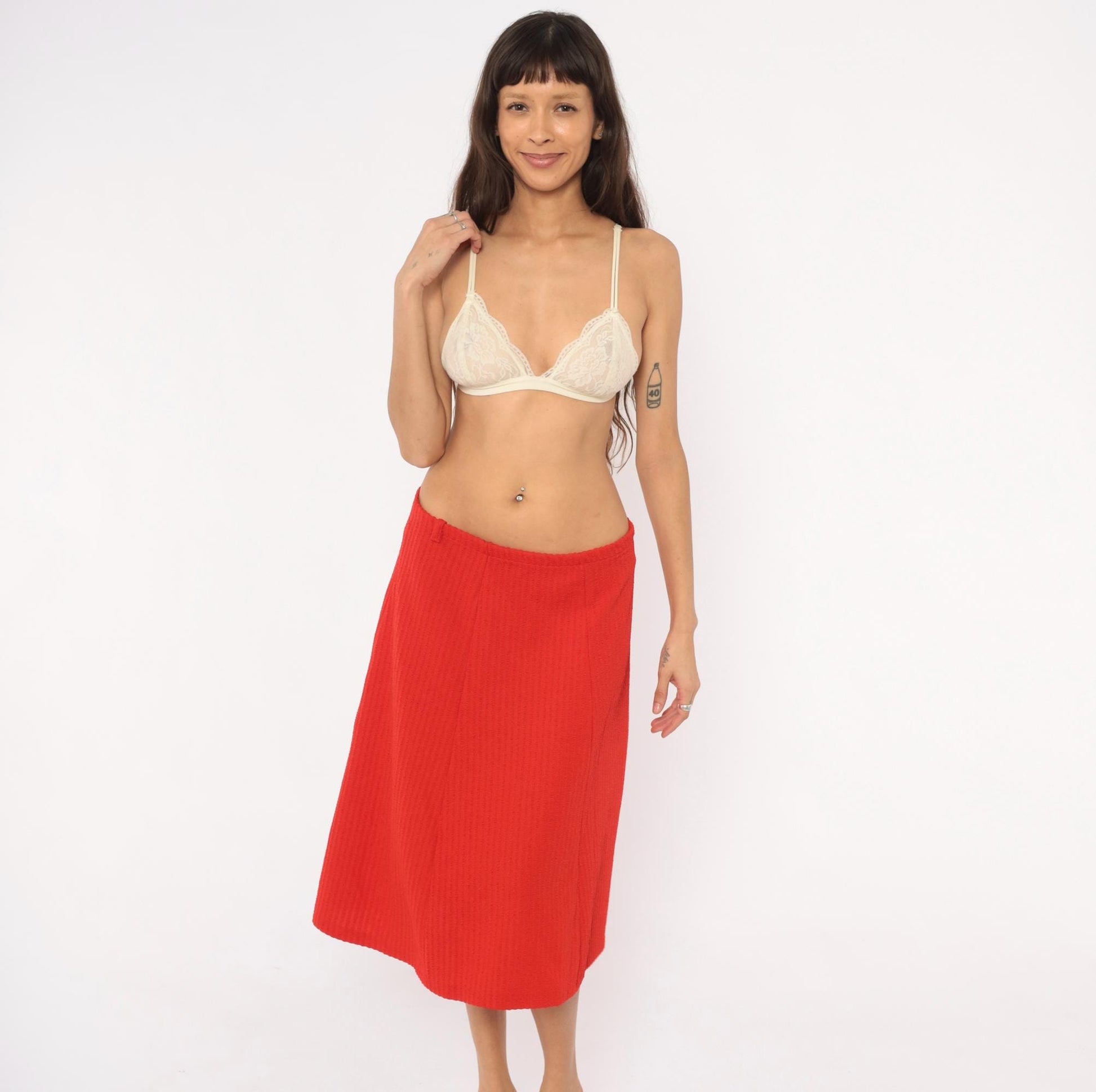 70s Ecco Bay Red A-Line Skirt Ribbed Pleated Knee-Length Large L