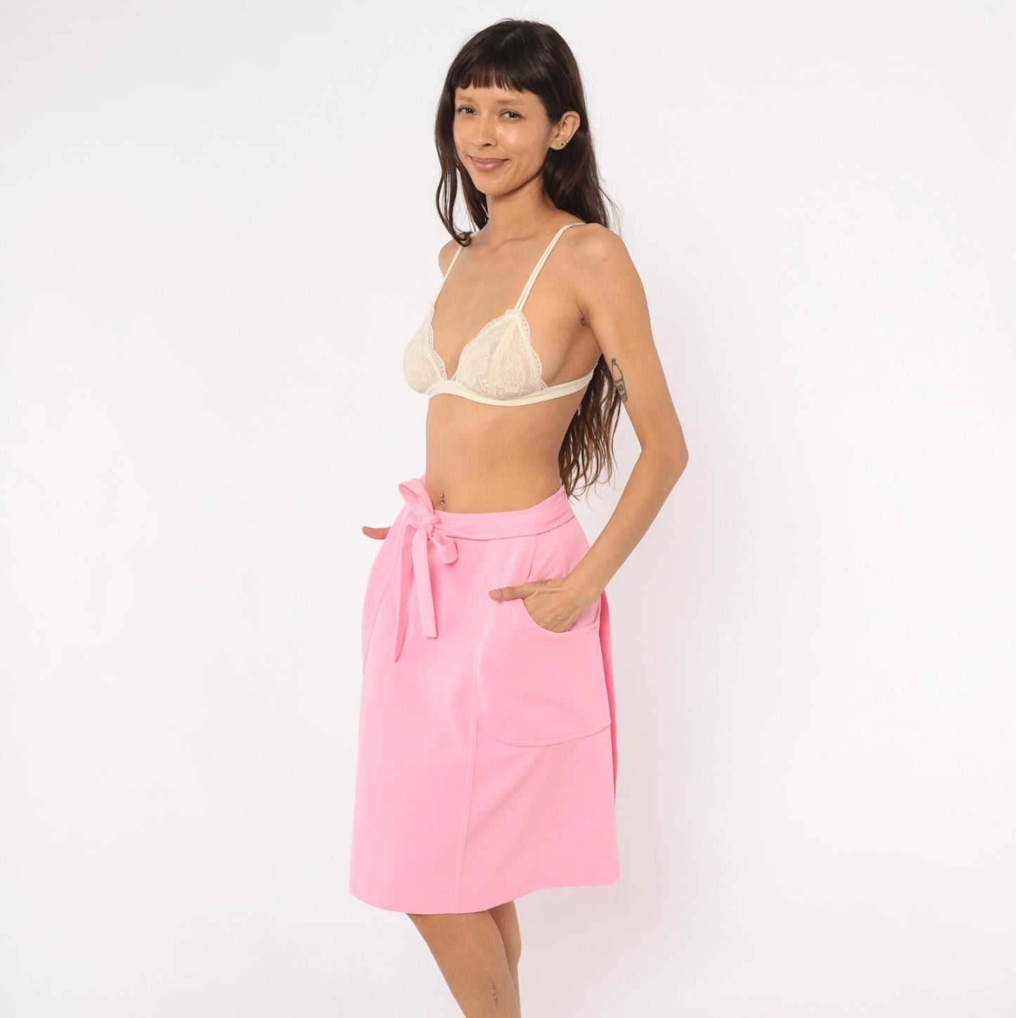 70s Bubblegum Pink Wrap Skirt Tie Waist Patch Pockets Knee-Length Medium
