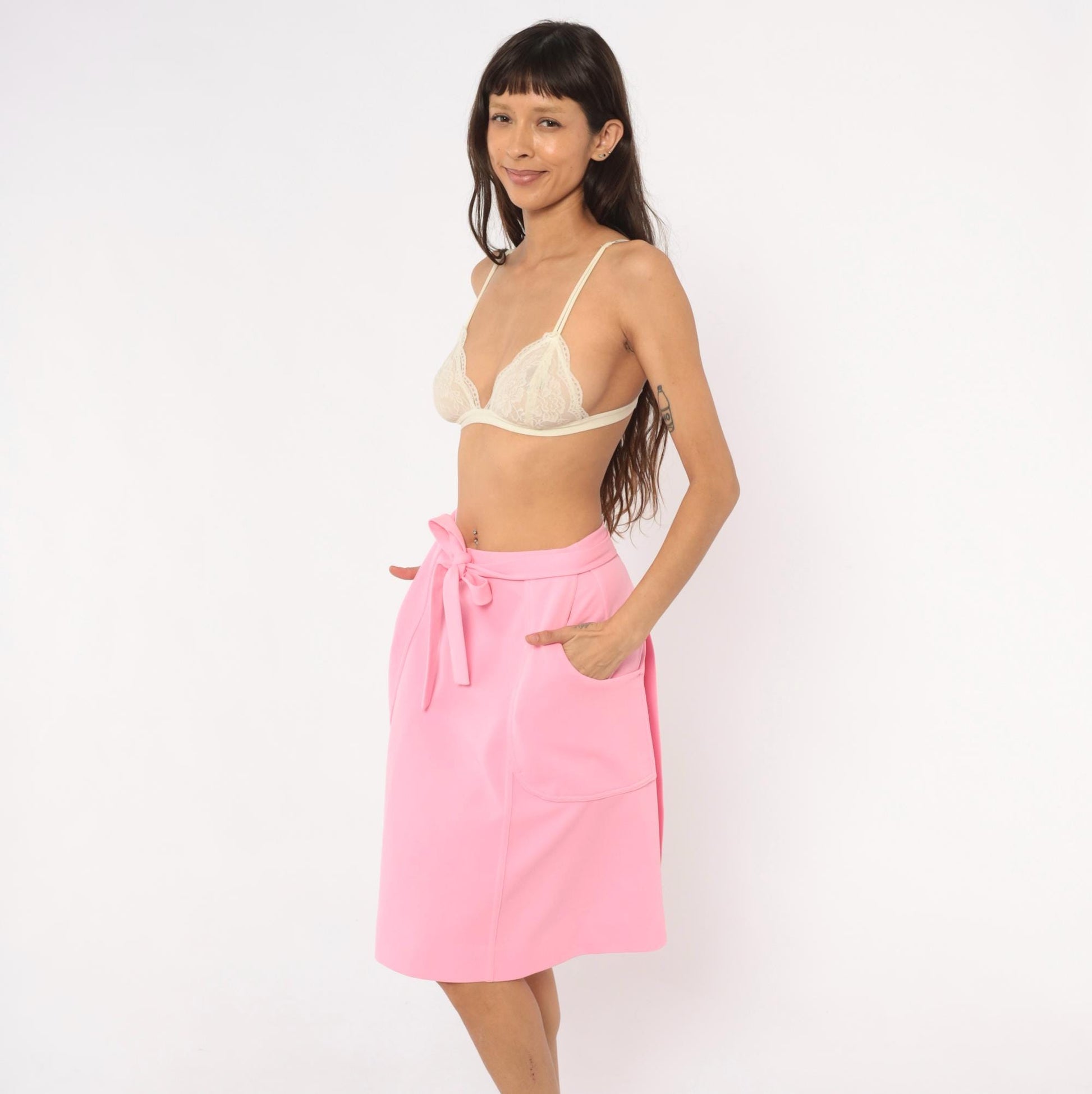 70s Bubblegum Pink Wrap Skirt Tie Waist Patch Pockets Knee-Length Medium