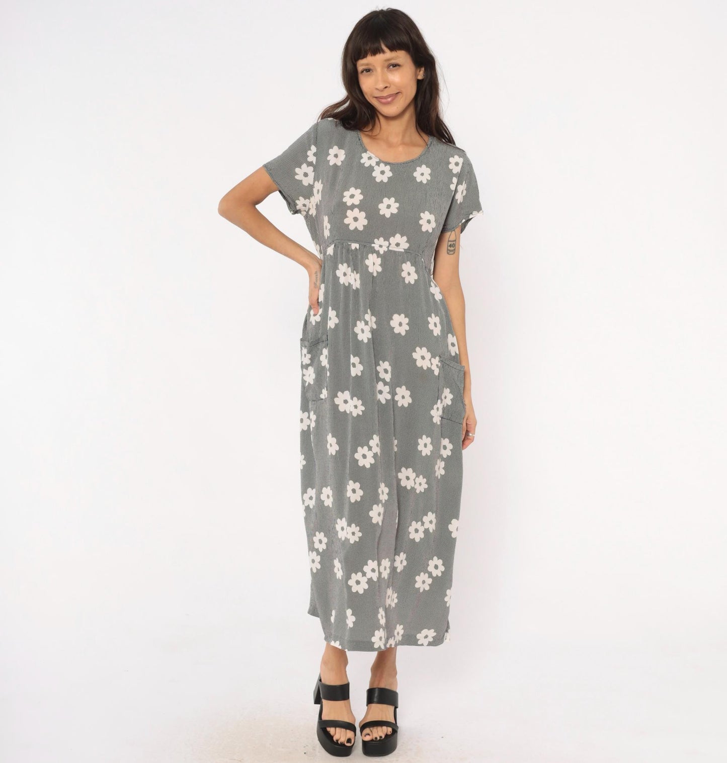 90s Navy Gingham Daisy Print Maxi Dress Drawstring Waist Medium M