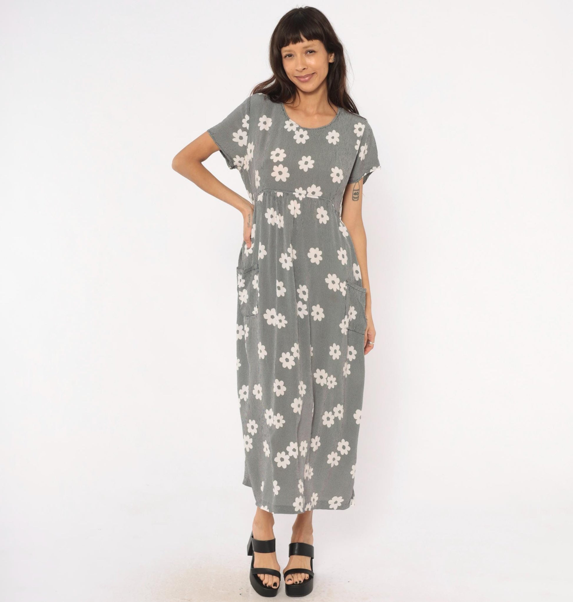 90s Navy Gingham Daisy Print Maxi Dress Drawstring Waist Medium M