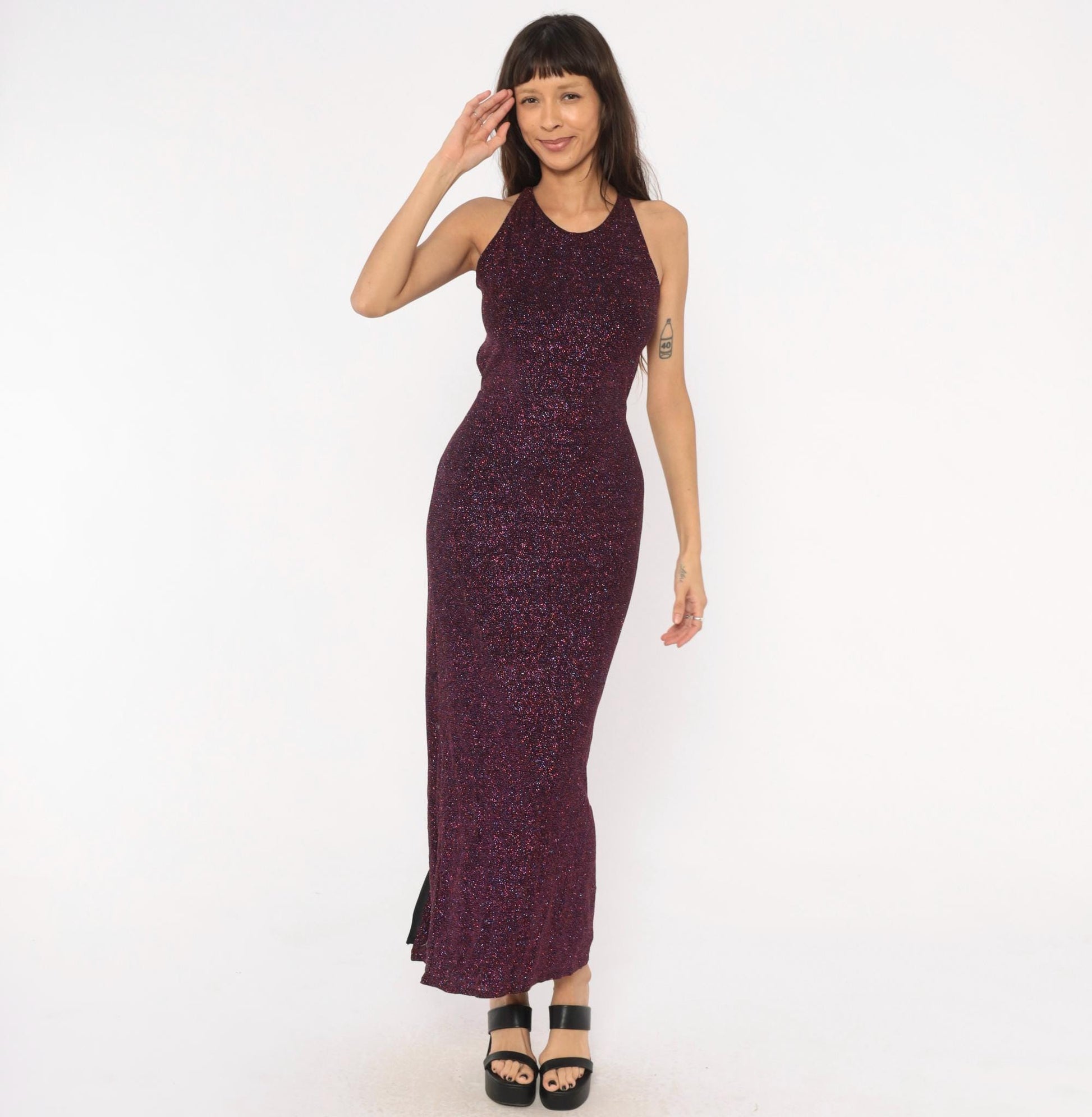 90s Jump Glitter Halter Maxi Dress Plum Purple Open Back Small S