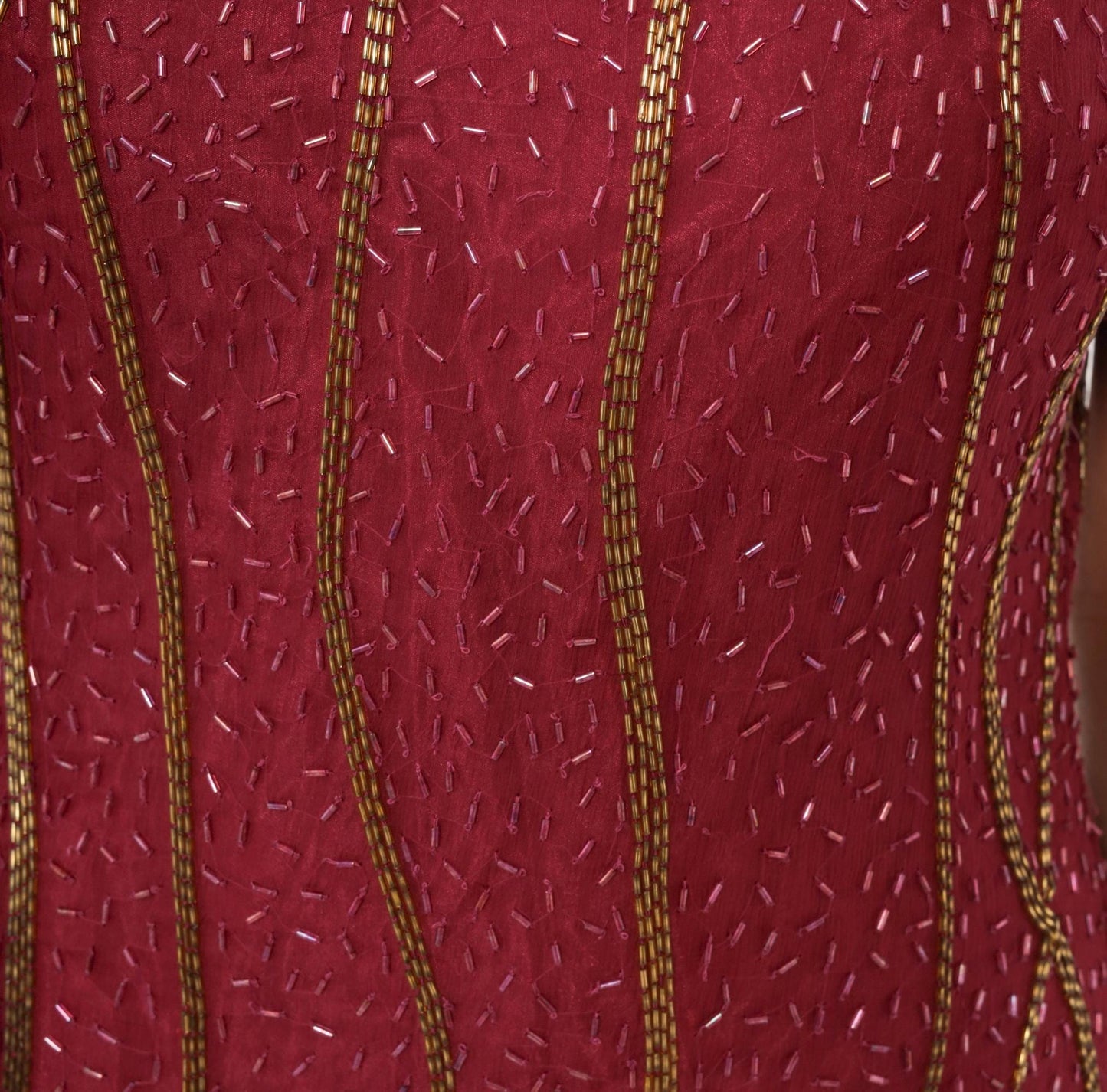 80s Sweelo Burgundy Beaded Dress Gold Bugle Bead Stripes Knee-Length Medium