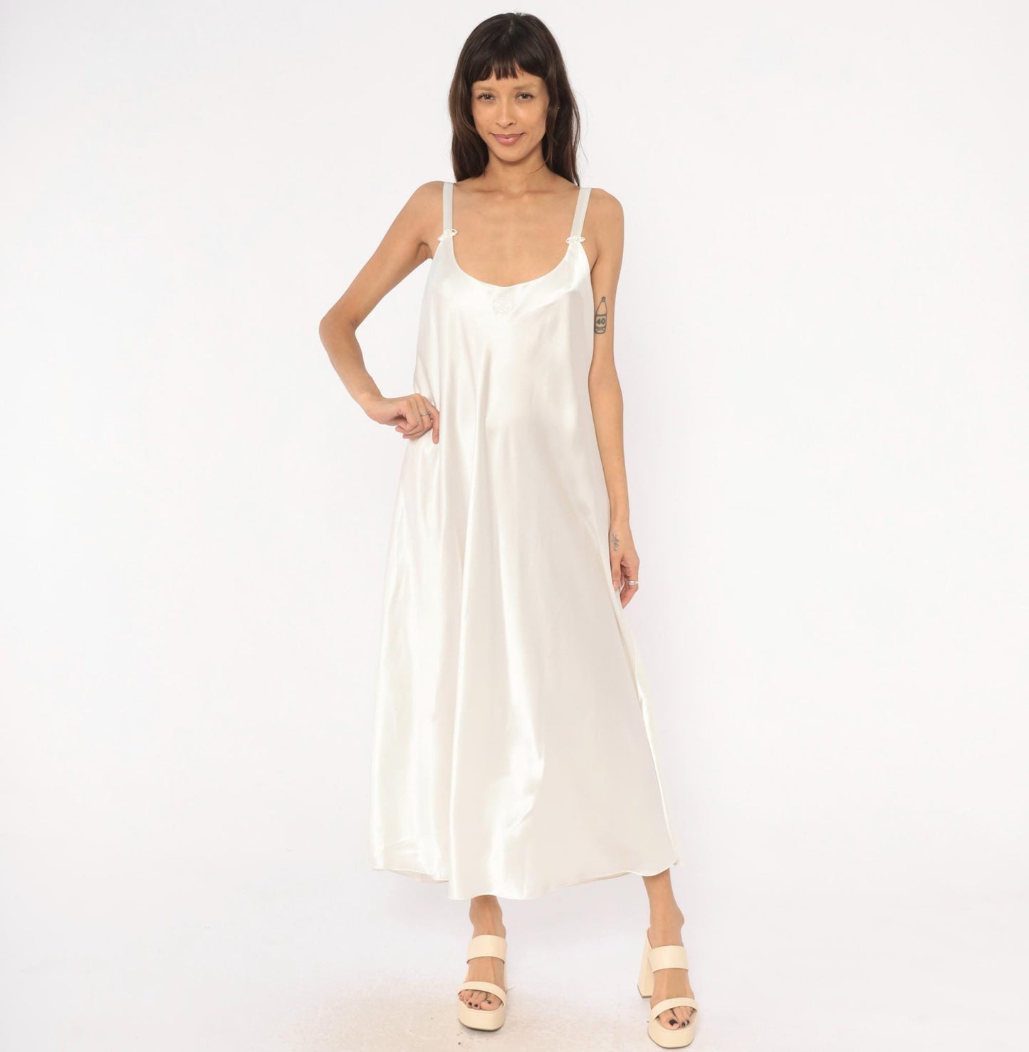90s Oscar De La Renta Cream Satin Slip Dress Bow Detail Ankle Length Plus Size 1X