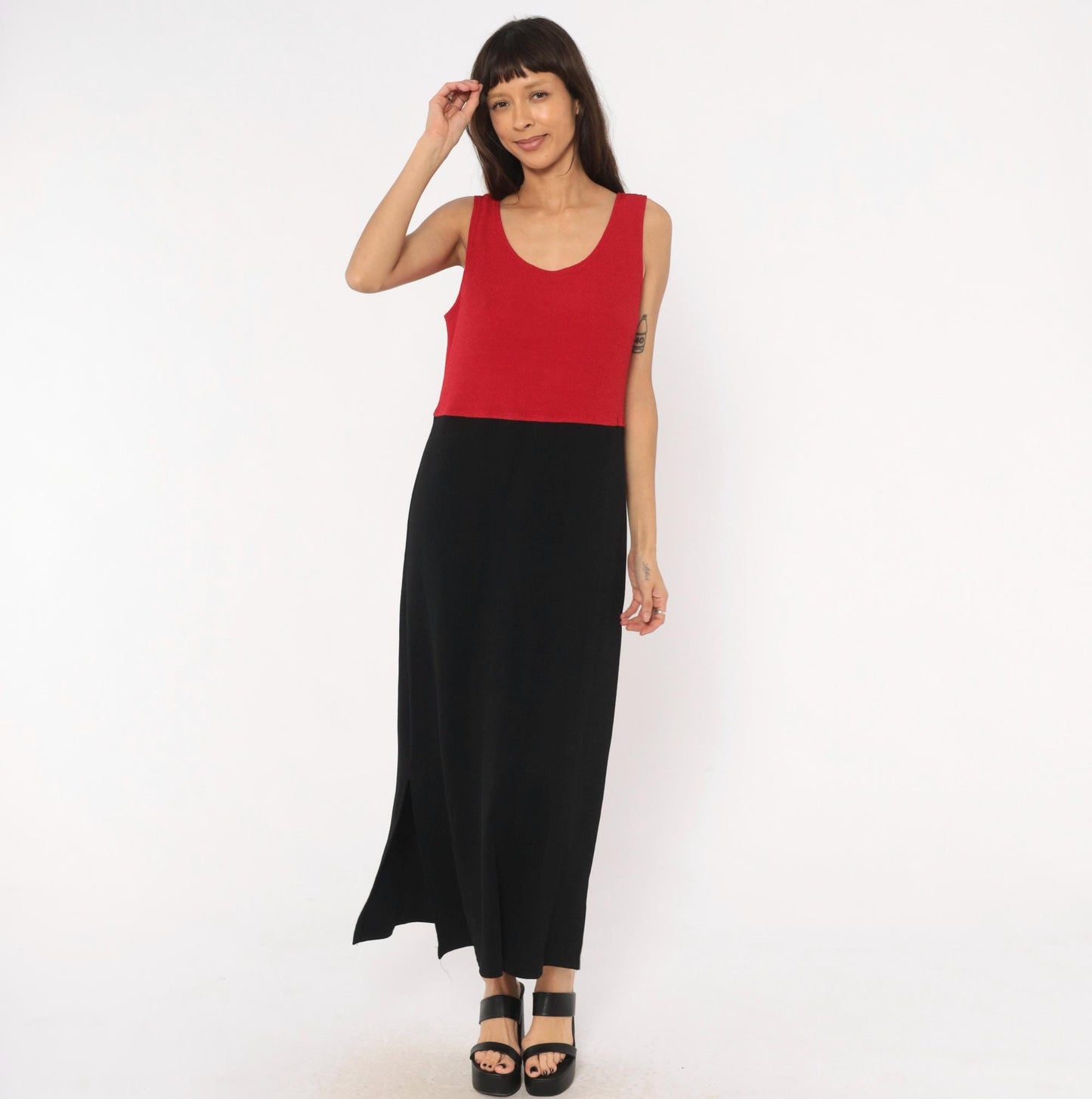 90s Positive Attitude Color Block Maxi Dress Red Black Sleeveless Large L