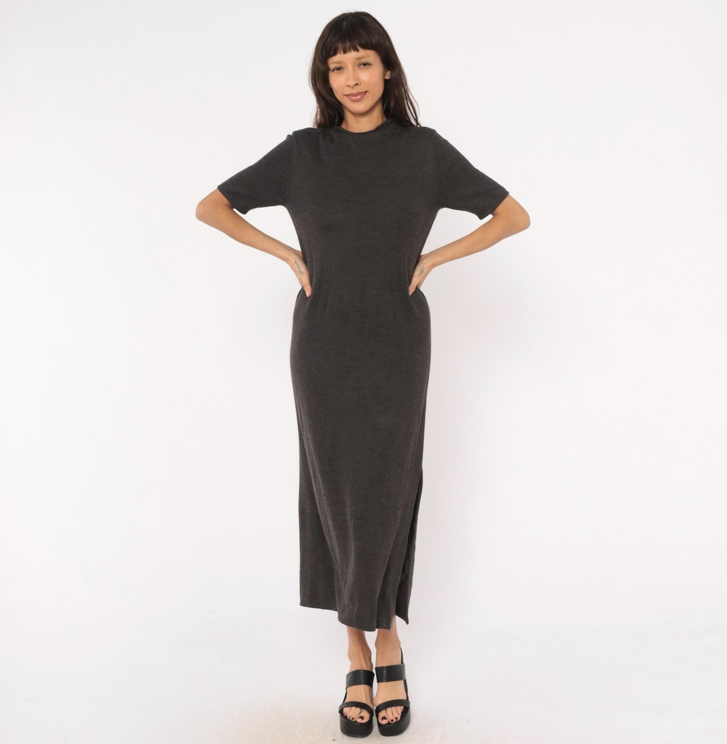 Y2K Nina Leonard Charcoal Knit Maxi Dress Short Sleeve Column Grey Small Petite