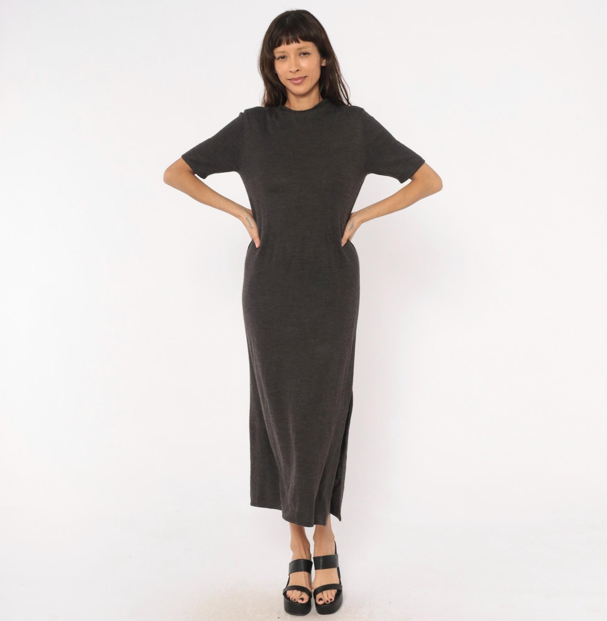 Y2K Nina Leonard Charcoal Knit Maxi Dress Short Sleeve Column Grey Small Petite