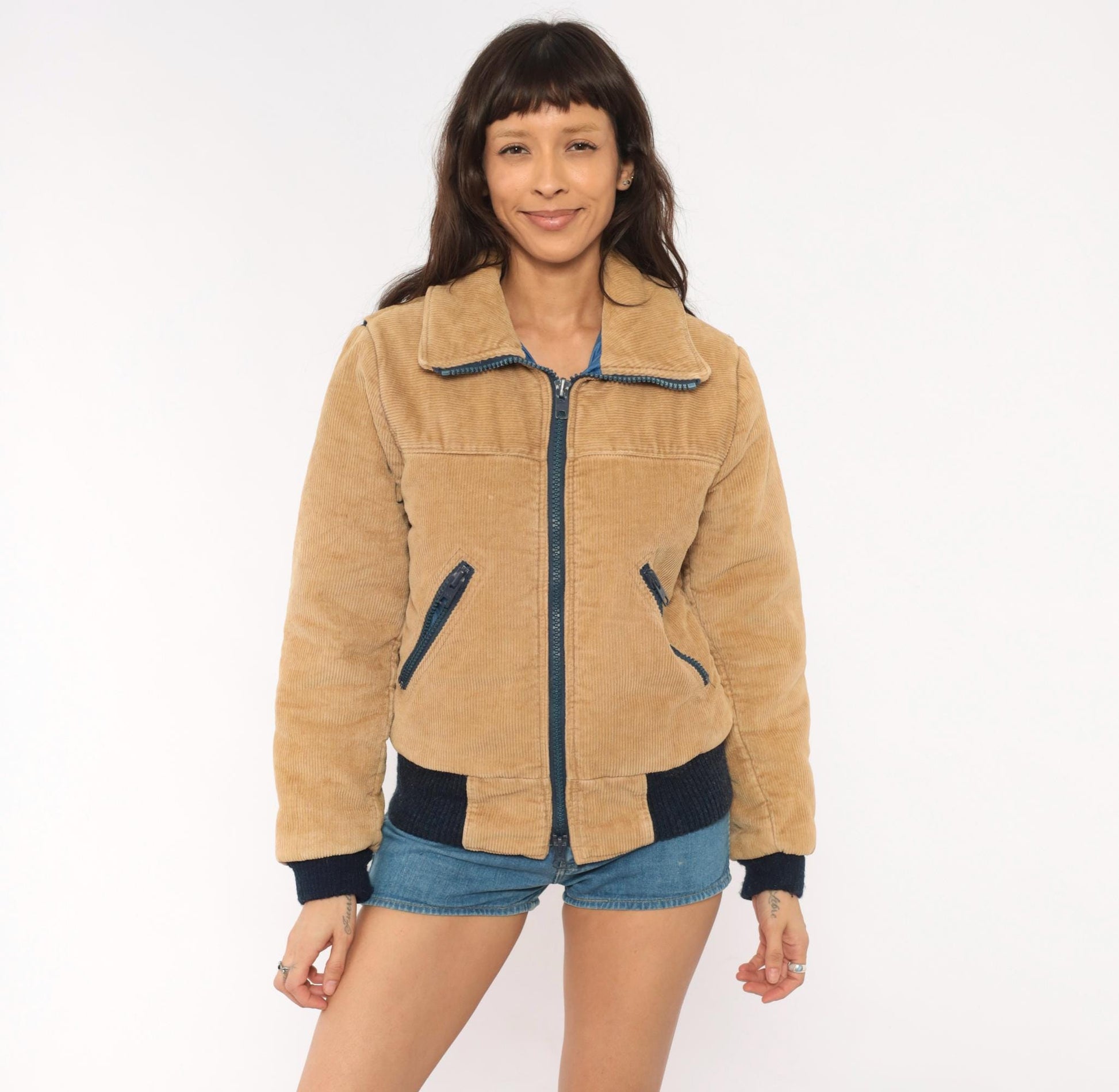 70s Sports B Corduroy Bomber Jacket Tan Quilted Padded Small S