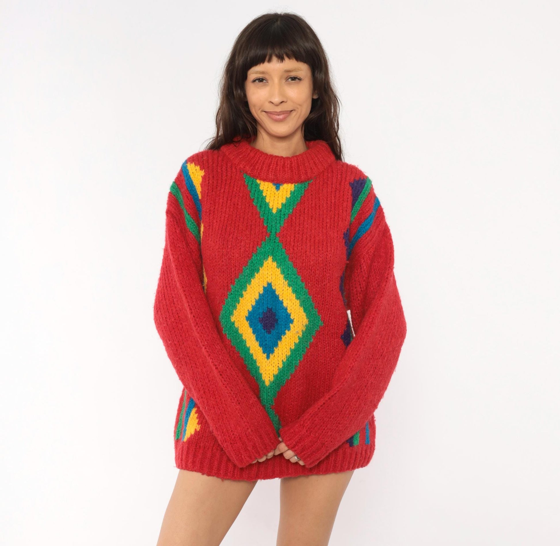 90s Willow Bay Southwestern Diamond Knit Pullover Red Green Blue Medium