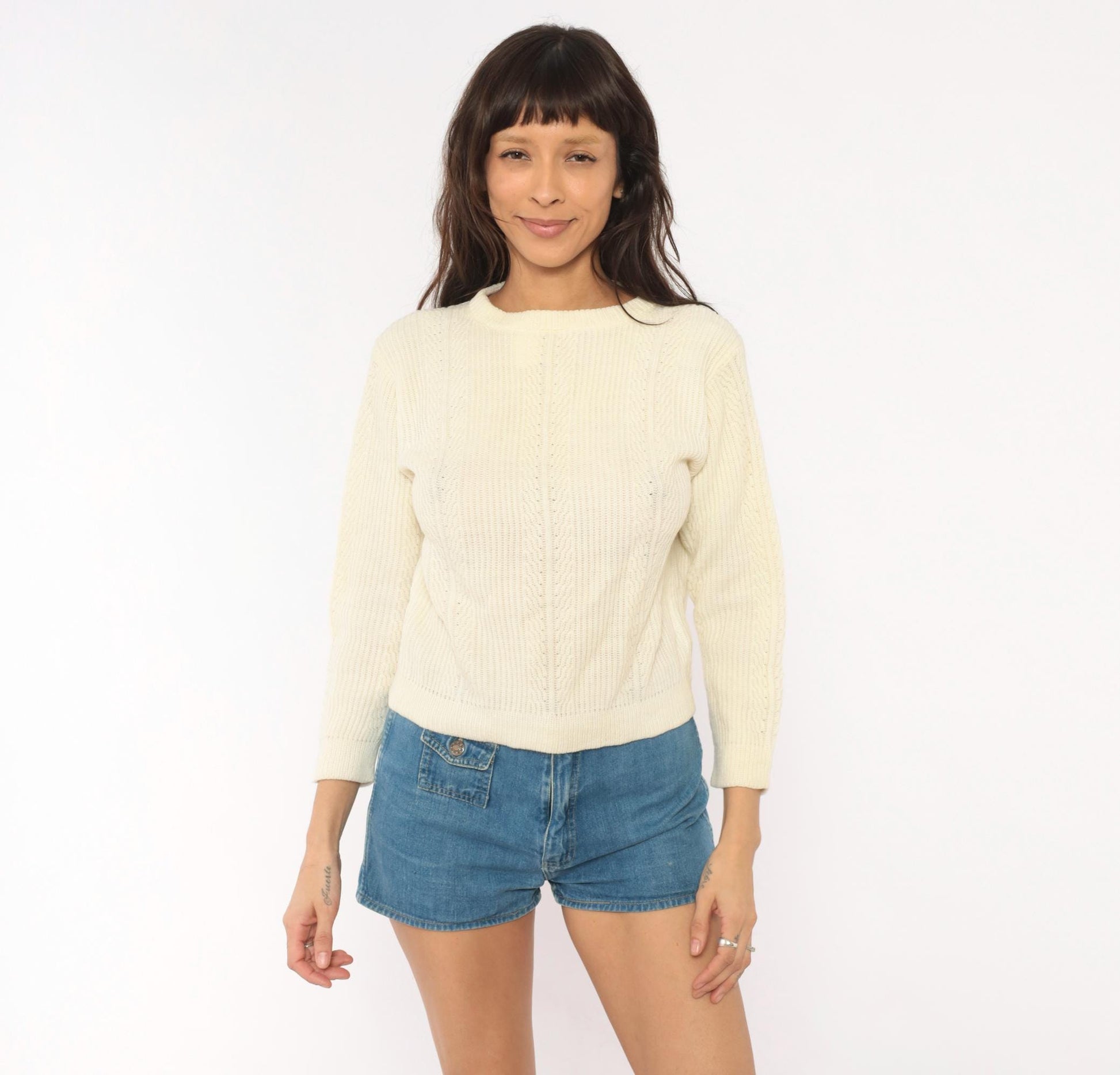 70s Cream Cable Knit Pullover Button Back Three Quarter Sleeve Medium