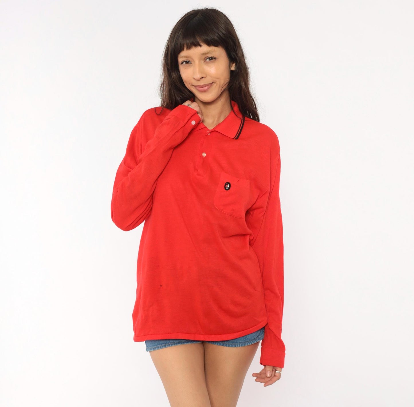 70s Red Polo Shirt Long Sleeve Black Tipped Collar Snap Button Knit Large L