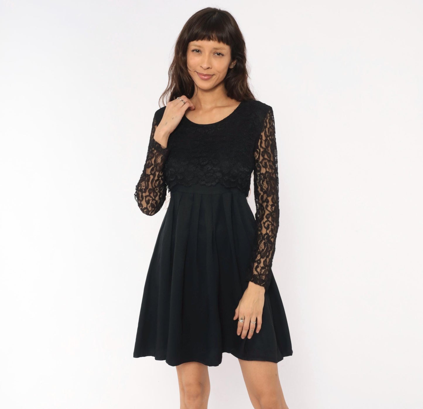 90s Black Lace Dress Floral Sheer Sleeves Pleated Knee-Length Small