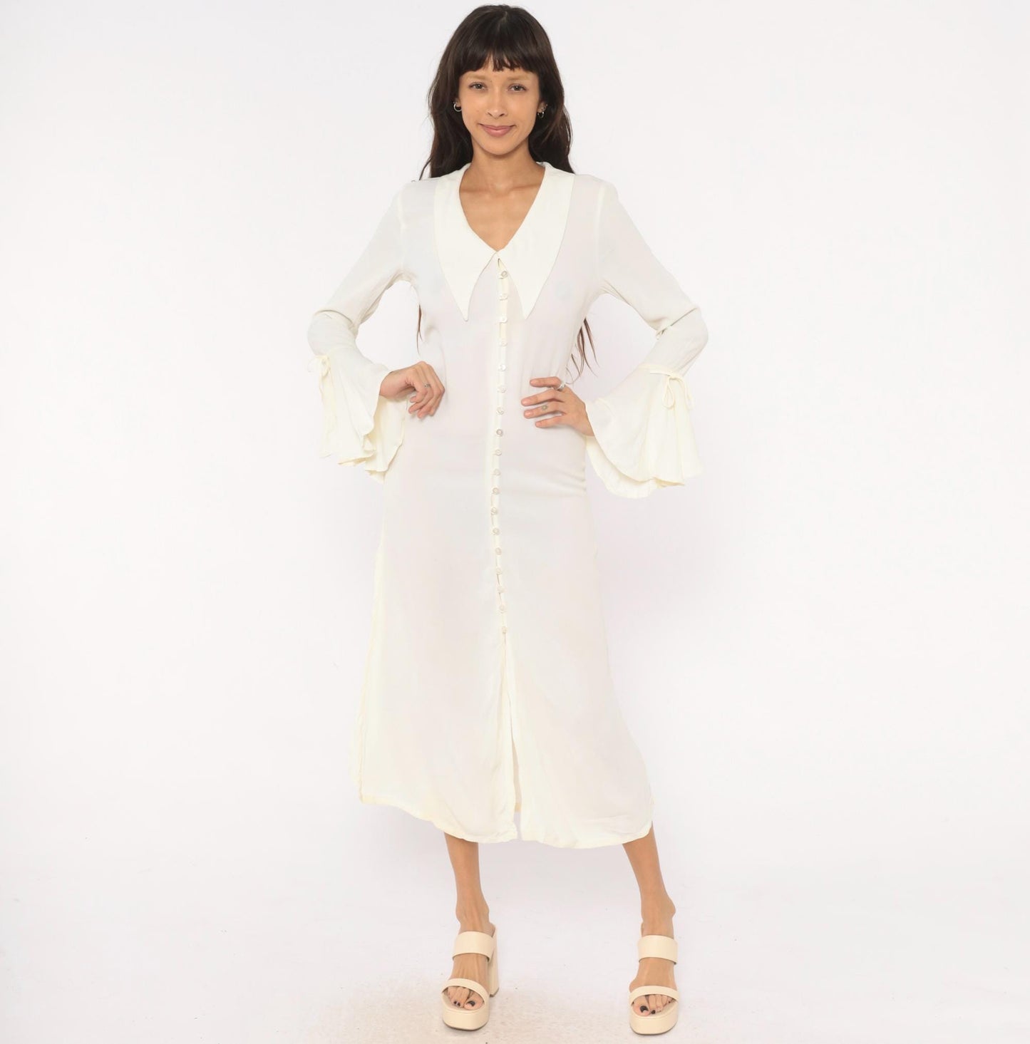 90s Joukar Cream Midi Dress Bell Sleeve V Neck Button Front Medium