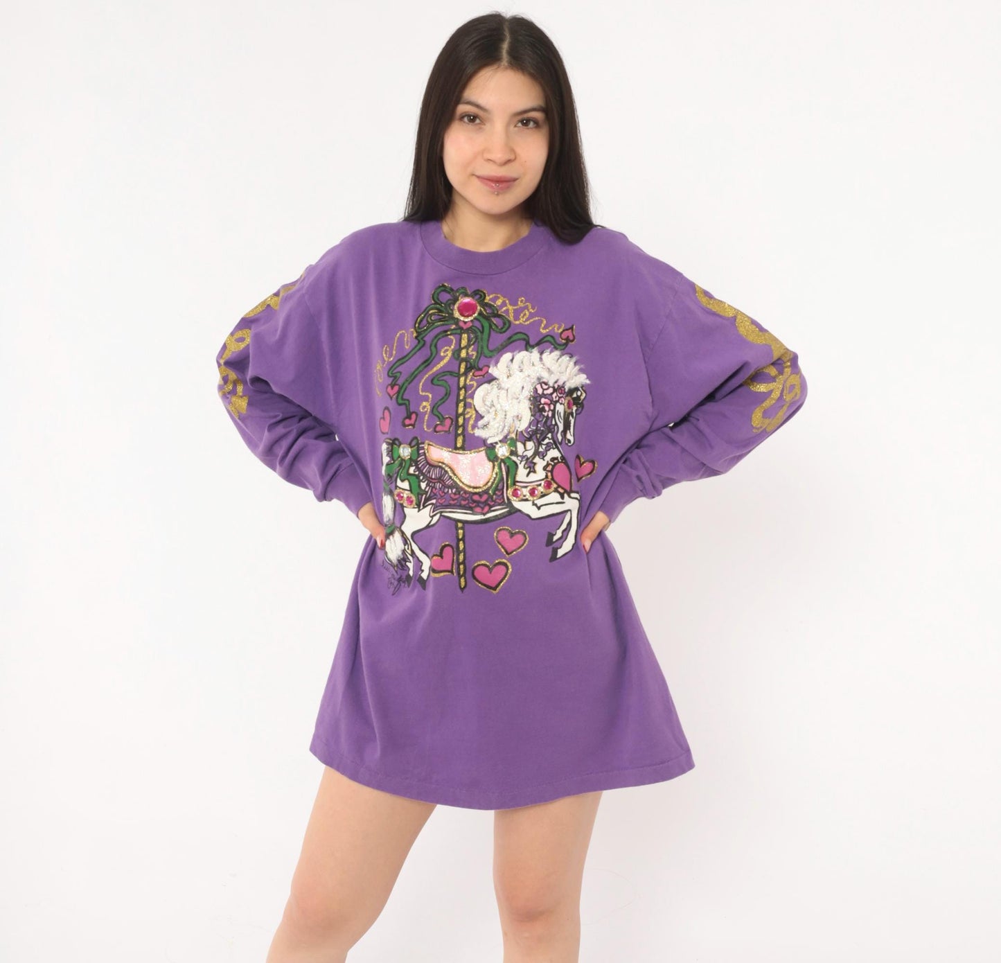 90s Anvil Carousel Horse Purple Glitter Long Sleeve Tee Extra Large