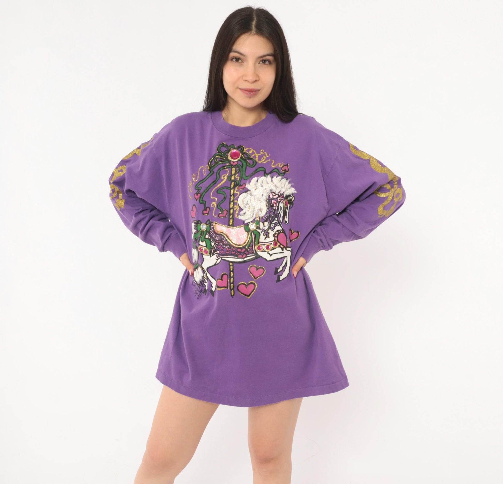 90s Anvil Carousel Horse Purple Glitter Long Sleeve Tee Extra Large
