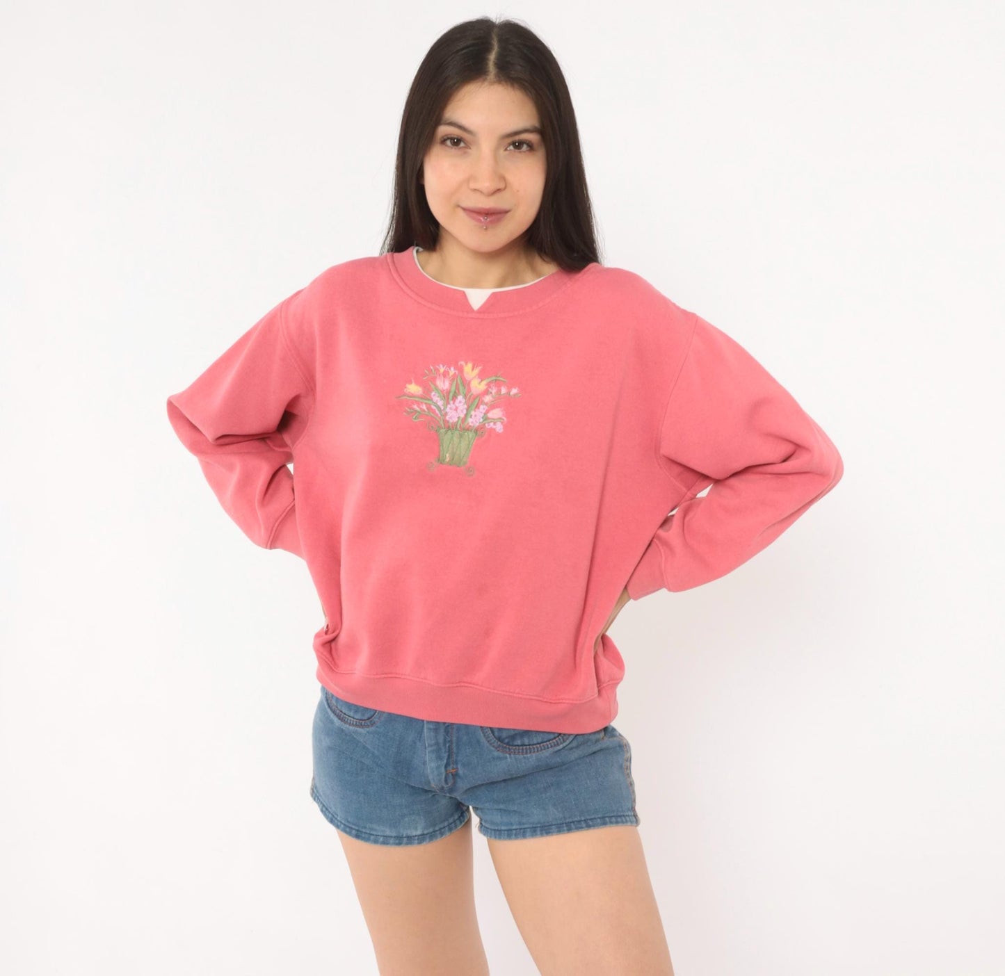90s Floral Embroidered Sweatshirt Rose Pink Tulip Basket Cotton Medium