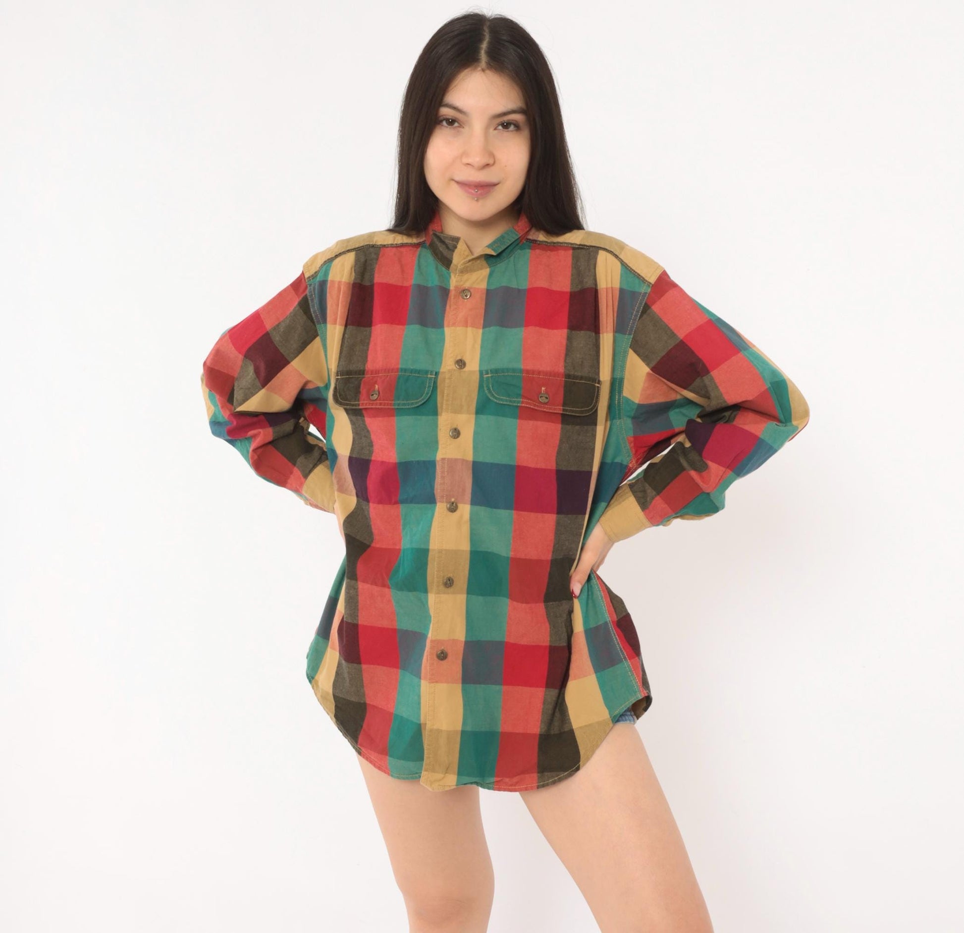 90s Lizwear Plaid Flannel Shirt Button Front Red Teal Cotton Medium