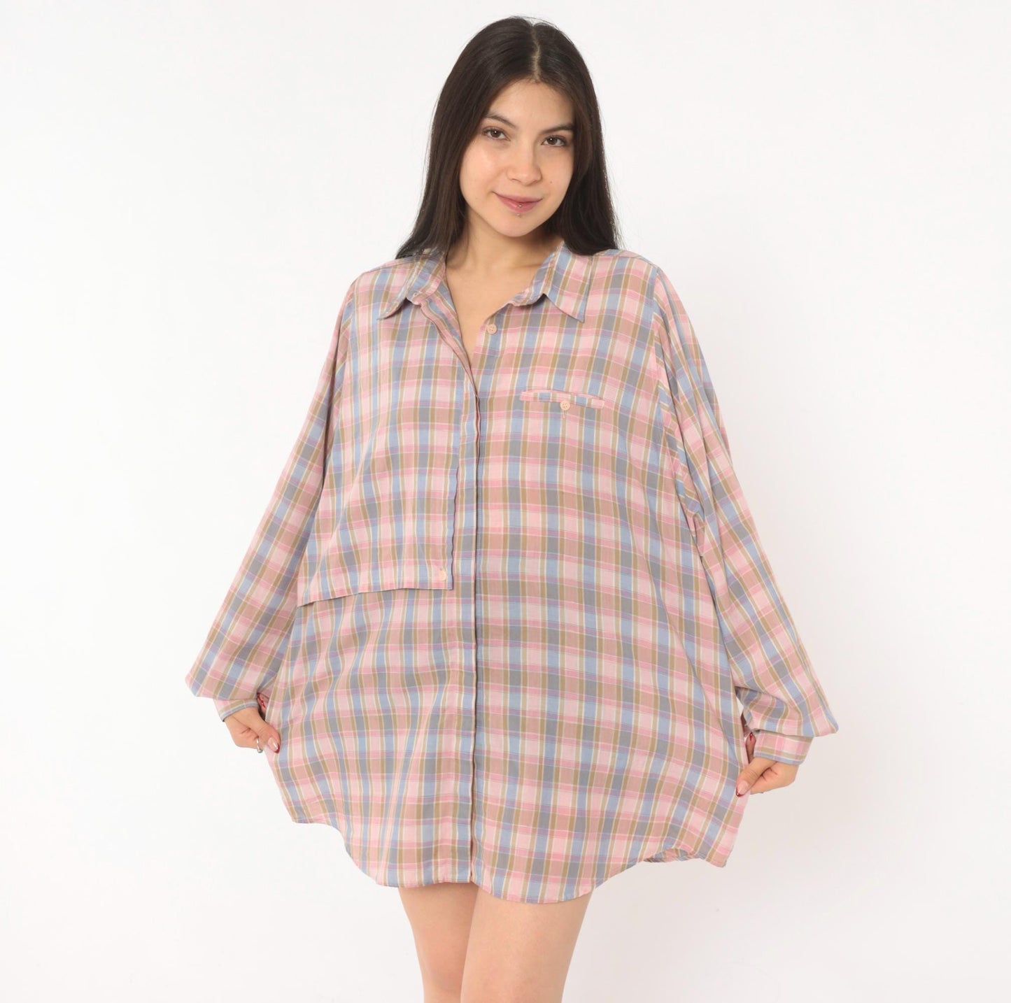 90s Cali Plaid Button Front Shirt Pink Periwinkle Cotton Plus Size 1X