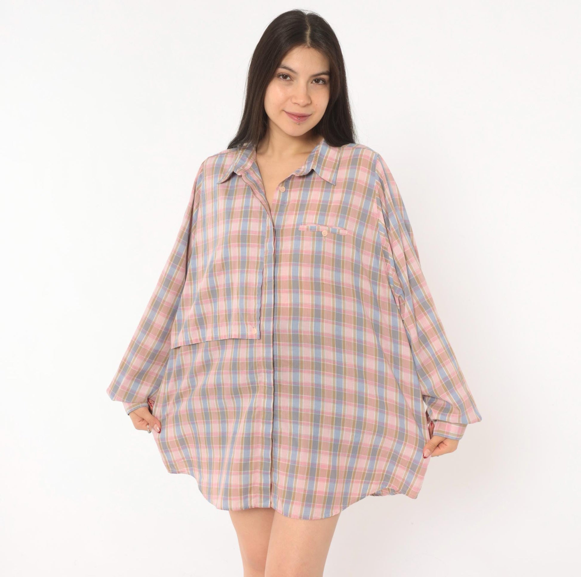 90s Cali Plaid Button Front Shirt Pink Periwinkle Cotton Plus Size 1X