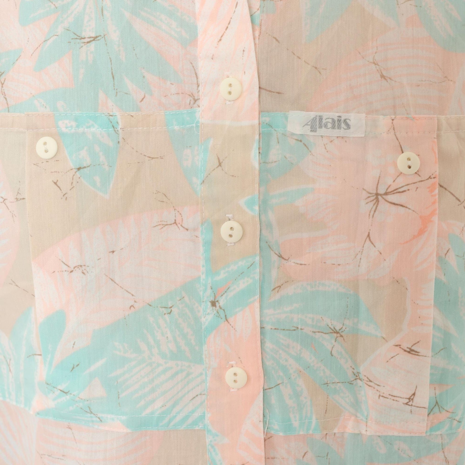 90s Alais Tropical Leaf Camp Collar Shirt Pastel Pink Mint Cotton Medium M