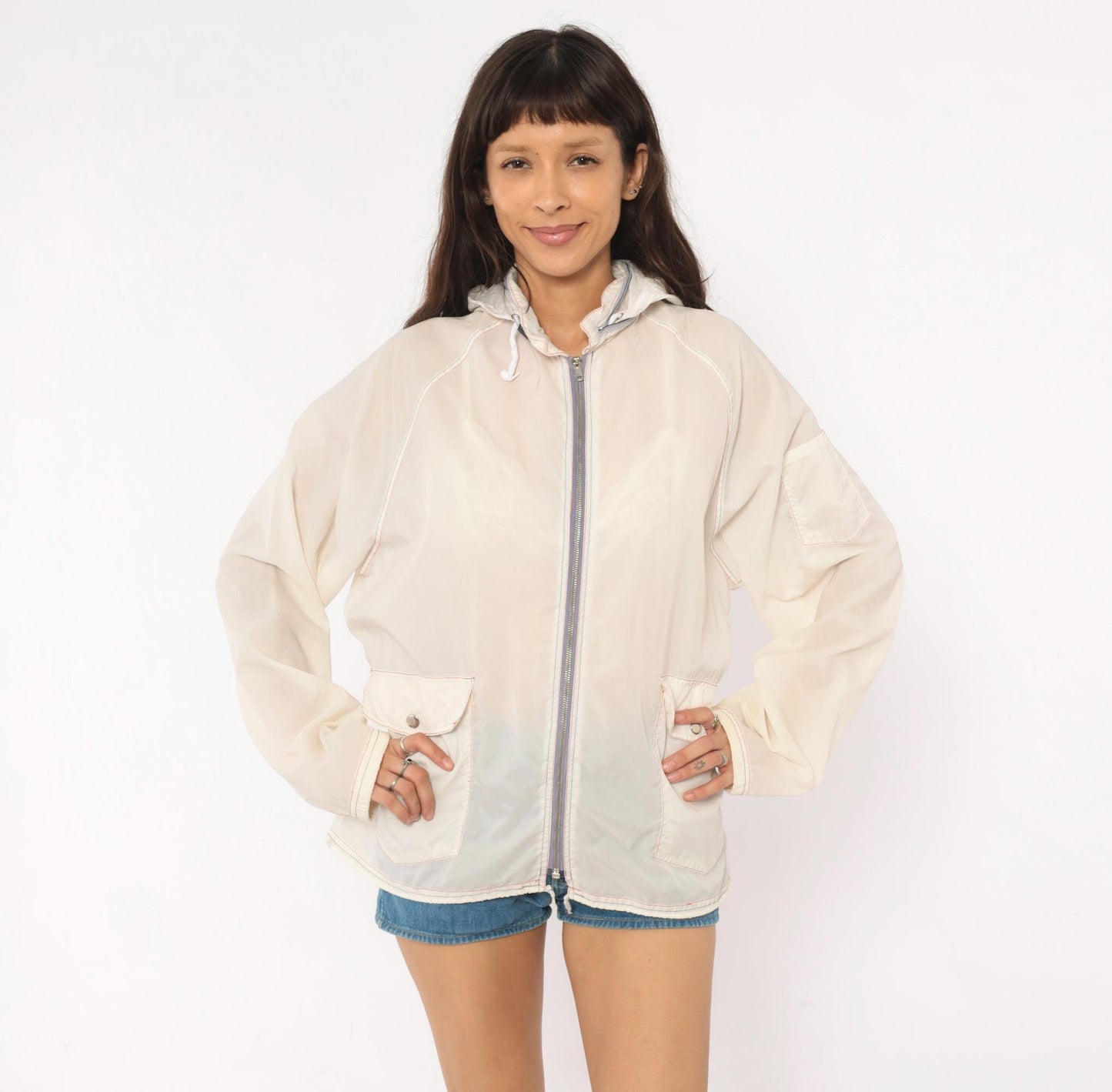 80s White Nylon Windbreaker Hooded Zip Jacket Colour Block Medium
