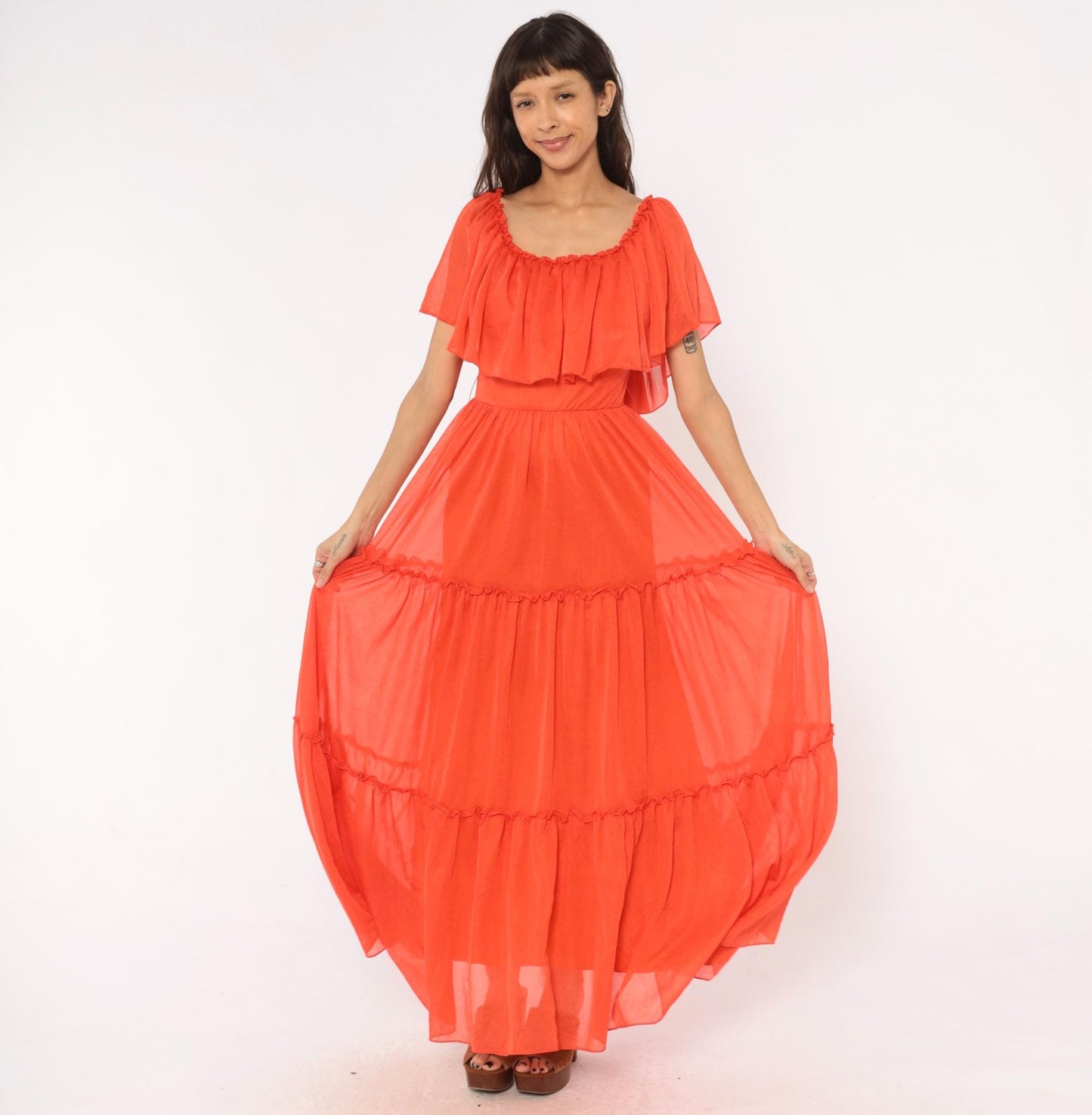 70s Coral Orange Maxi Dress Tiered Ruffle Cape Flutter Sleeve Small