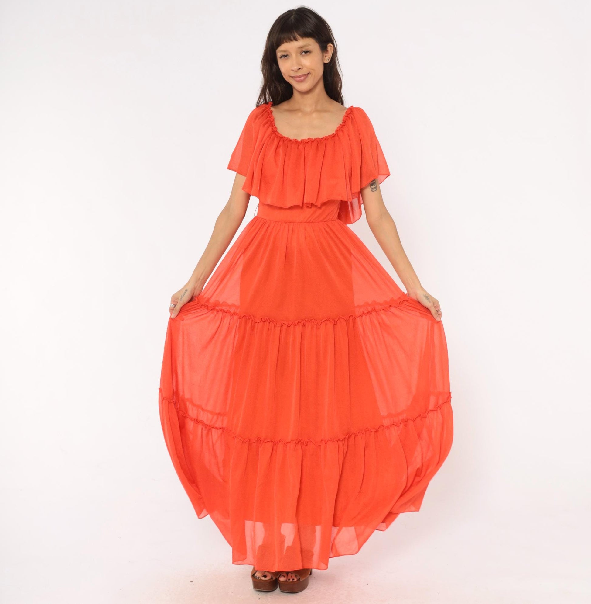70s Coral Orange Maxi Dress Tiered Ruffle Cape Flutter Sleeve Small