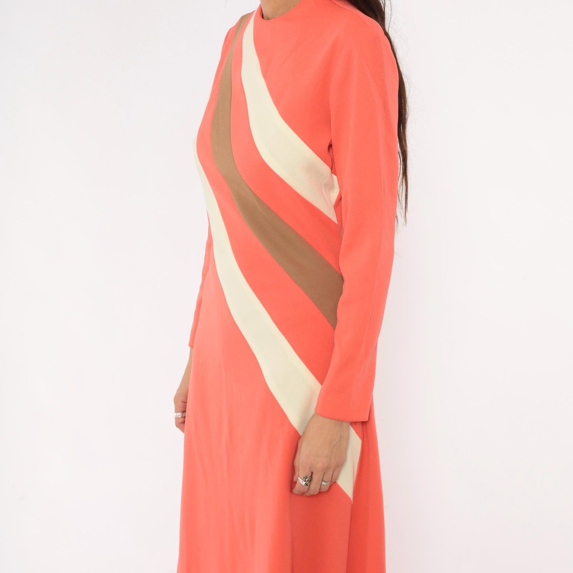70s Puritan Forever Young Coral Stripe Maxi Dress Mock Neck Medium M