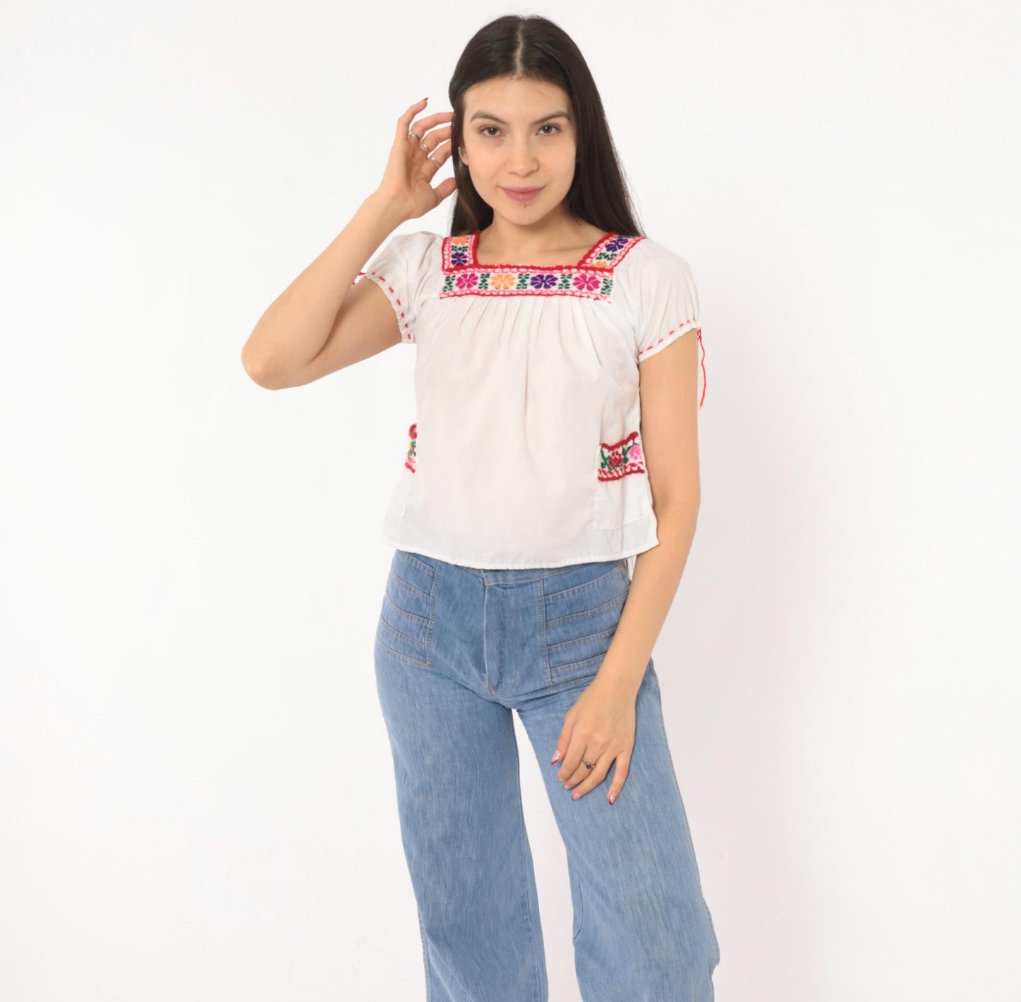 80s Mexican Embroidered Cotton Peasant Blouse White Floral Square Neck Extra Small XS
