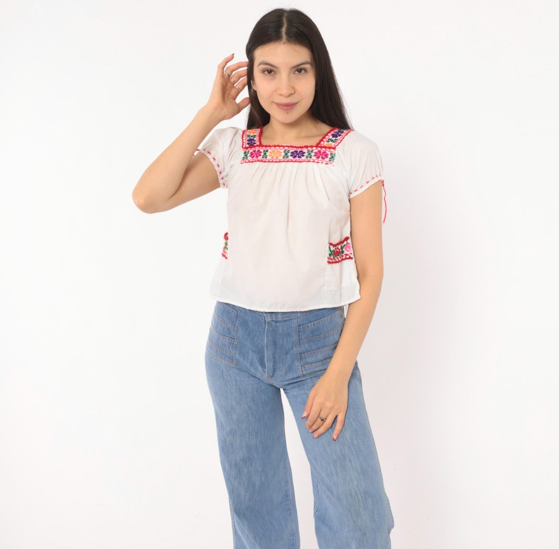 80s Mexican Embroidered Cotton Peasant Blouse White Floral Square Neck Extra Small XS