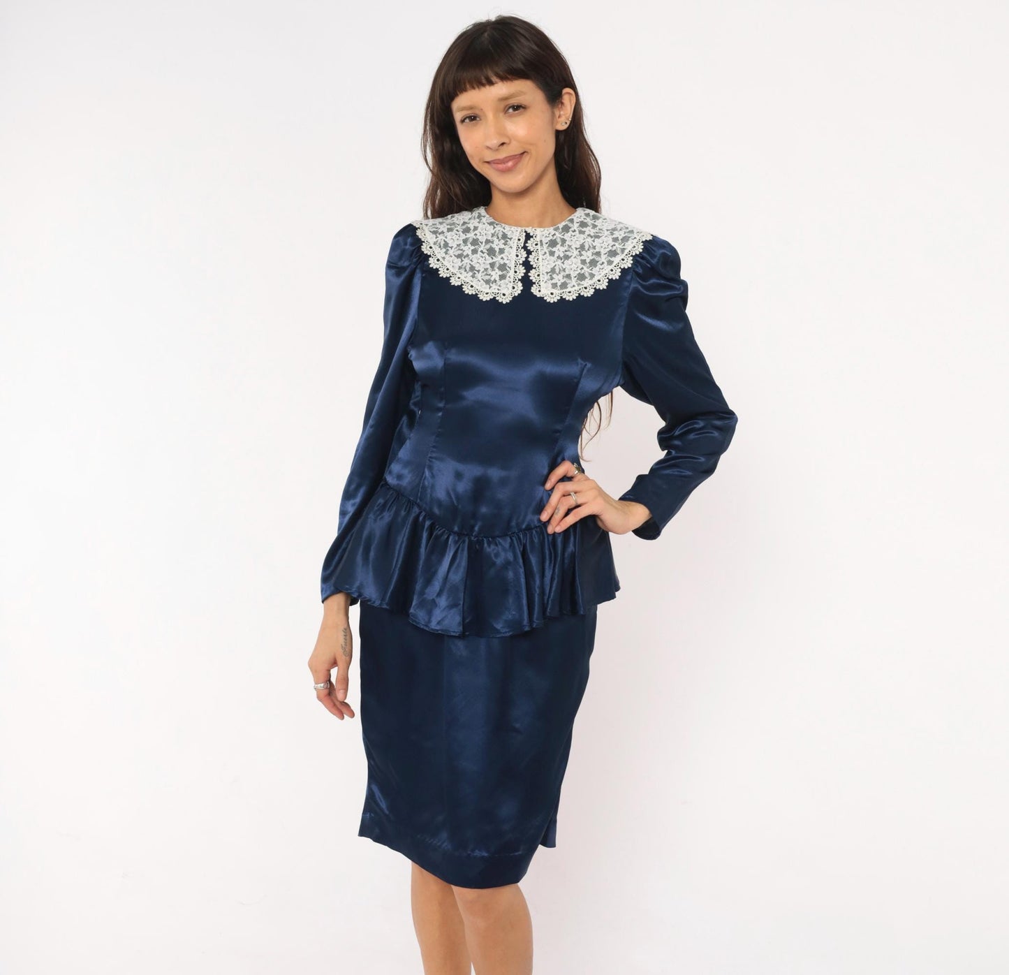 80s Navy Satin Peplum Dress Lace Collar Puff Shoulder Knee Length Small